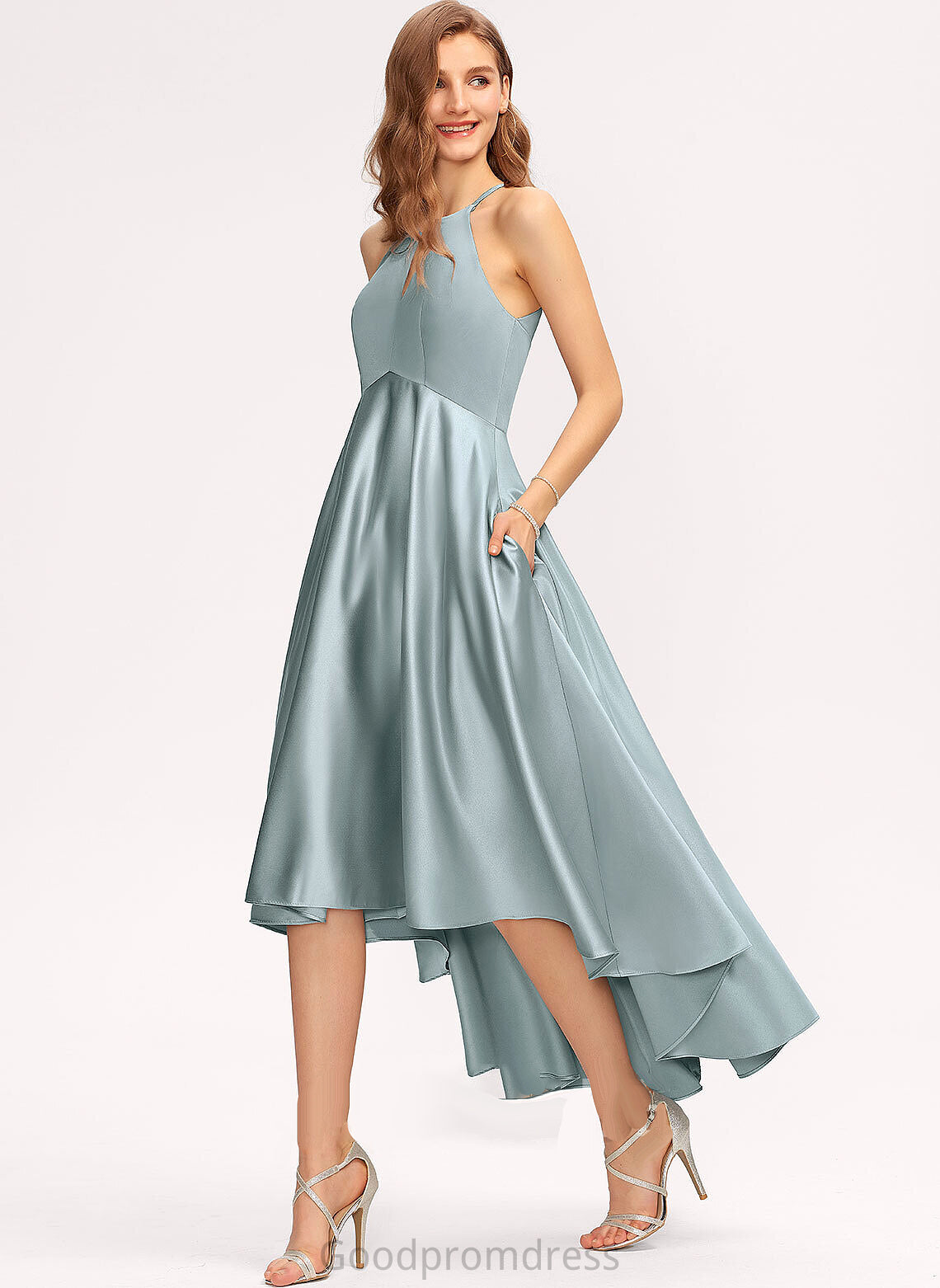 Embellishment Fabric Length Pockets Asymmetrical ScoopNeck Neckline Silhouette A-Line Kaley Halter A-Line/Princess Bridesmaid Dresses