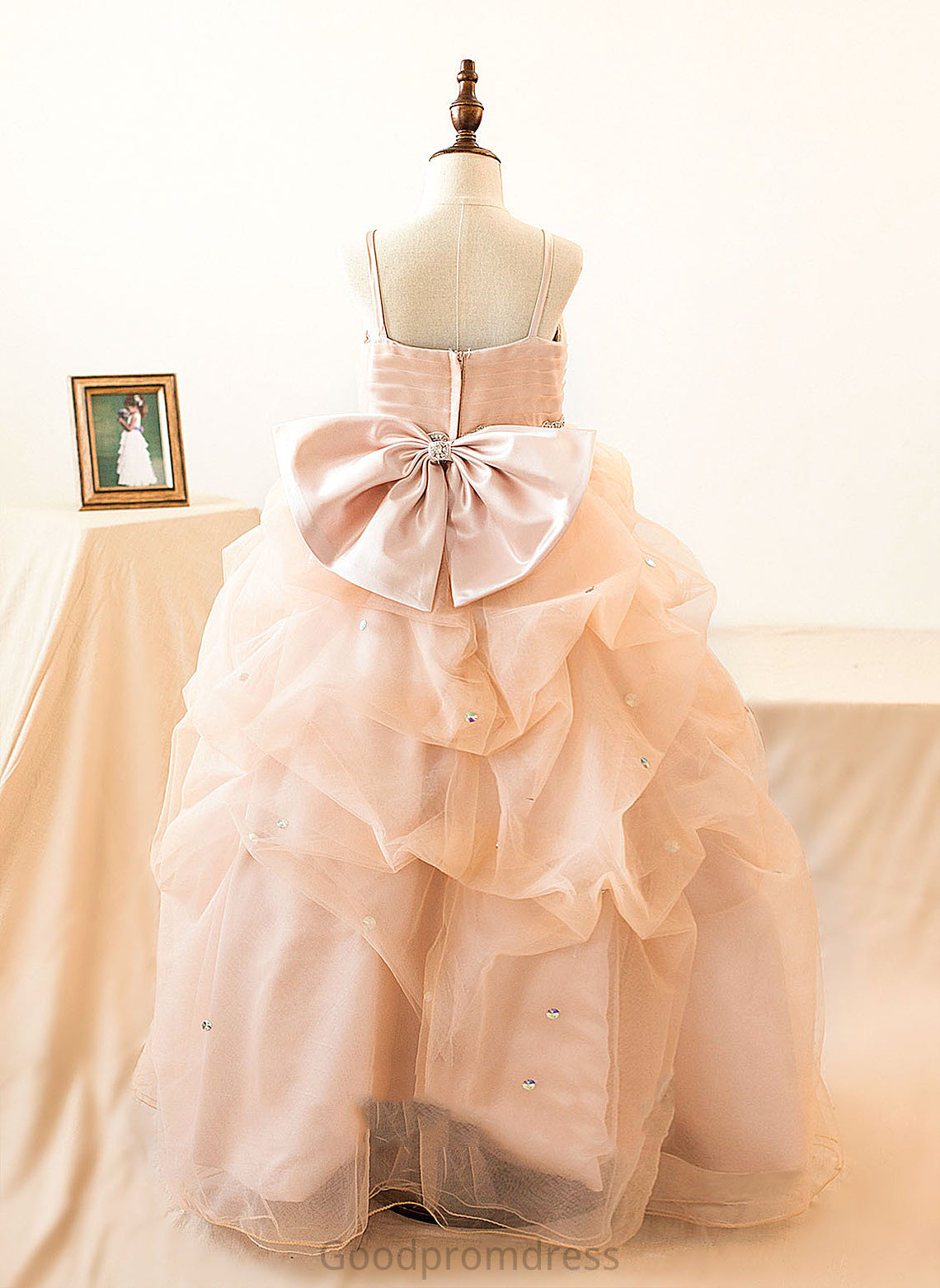 Girl Flower Girl Dresses With Tulle Ball-Gown/Princess - Straps Flower Dress Ruffles/Bow(s)/Rhinestone Amber Sleeveless Floor-length