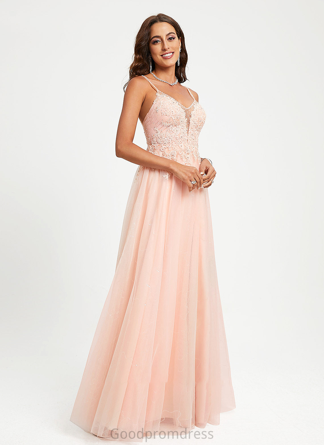 Lace Sequins Ball-Gown/Princess Tulle With V-neck Beading Hedda Prom Dresses Floor-Length