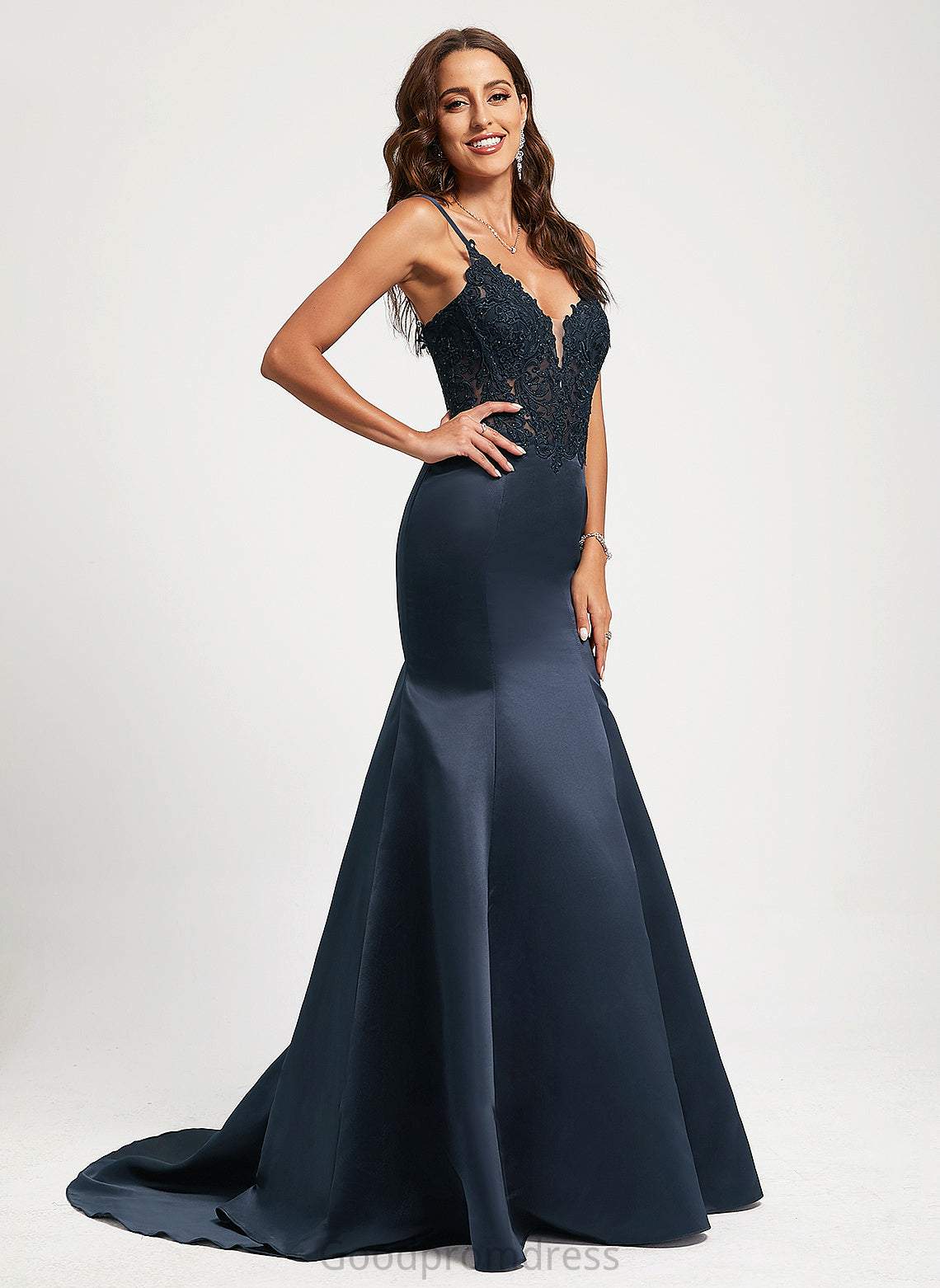 Gabriella Satin Sweep With Lace Prom Dresses Train V-neck Sequins Trumpet/Mermaid