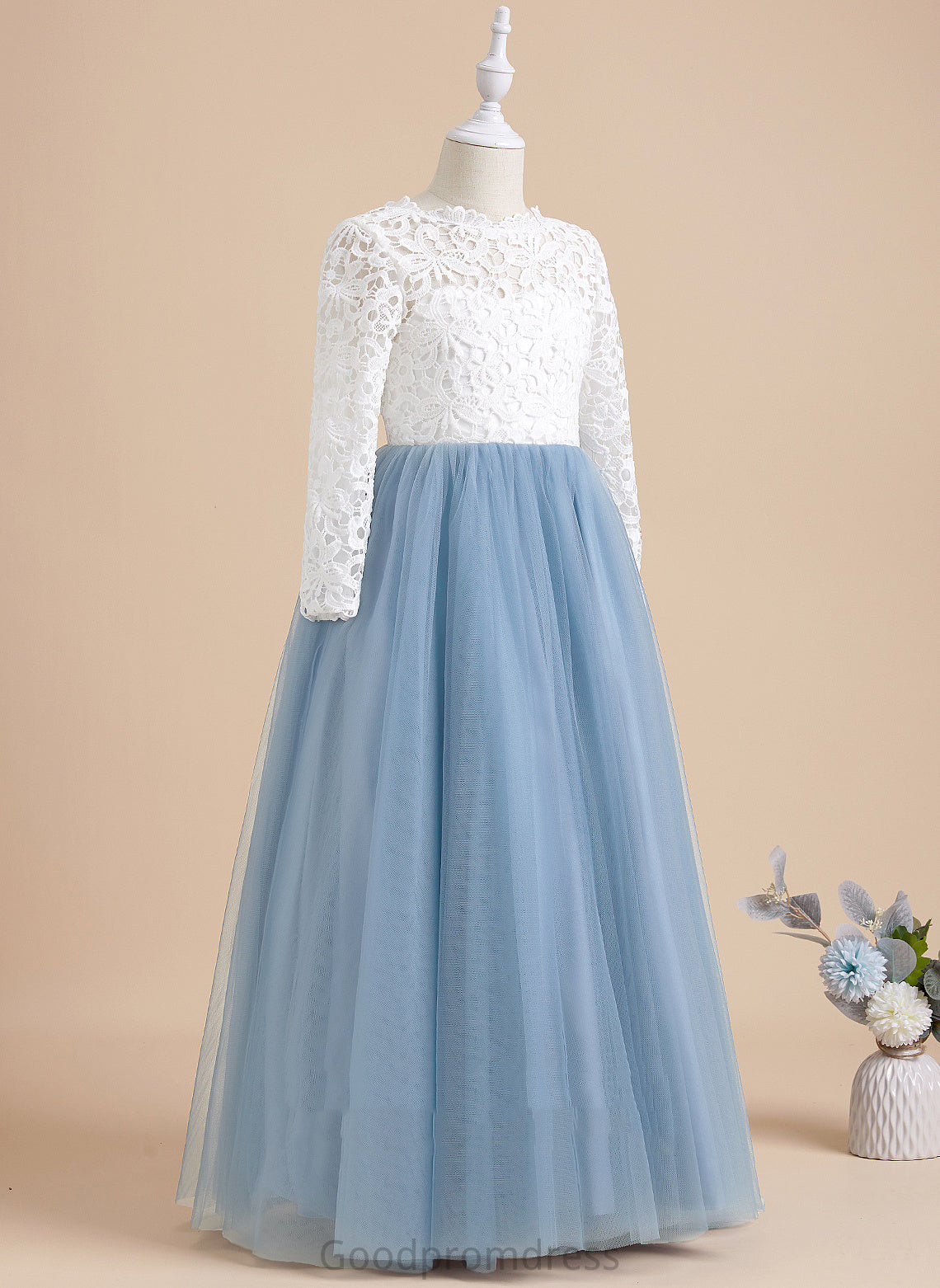Marisol Dress Bow(s)/V Flower With Scoop Neck Sleeves Floor-length Flower Girl Dresses Ball-Gown/Princess - Long Tulle/Lace Back Girl