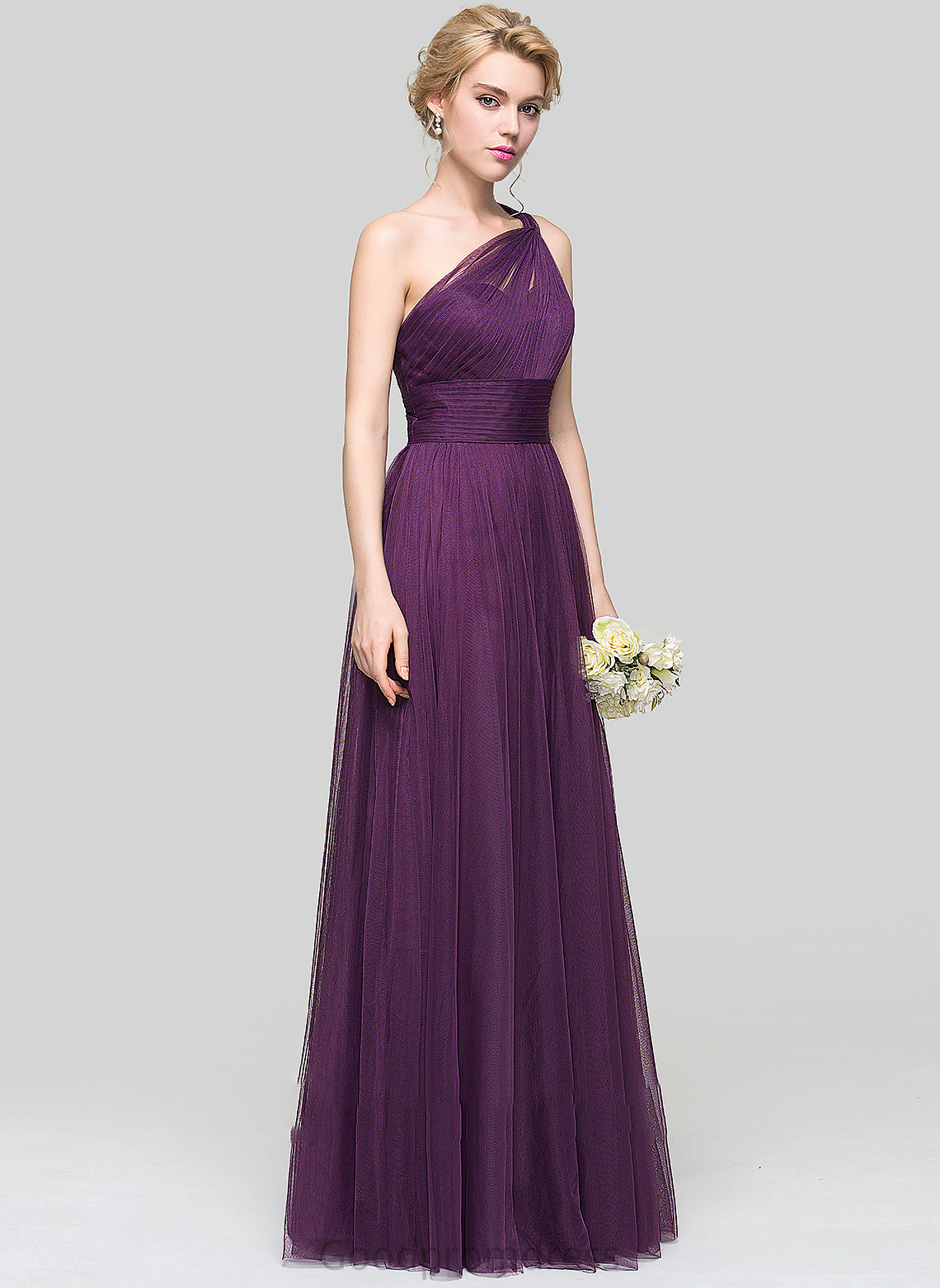 A-Line Floor-Length Embellishment Neckline Ruffle Silhouette Fabric Length One-Shoulder Ashlyn A-Line/Princess Natural Waist Bridesmaid Dresses
