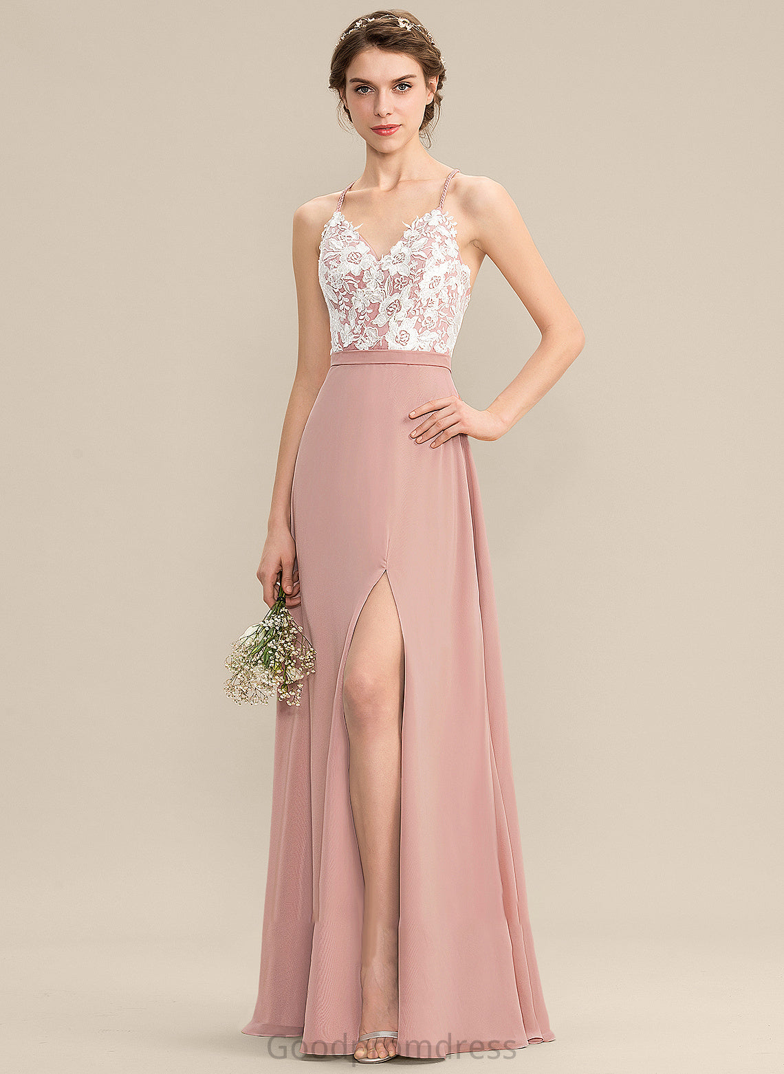 A-Line Alexandria Floor-Length Chiffon Prom Dresses Lace Split With V-neck Front