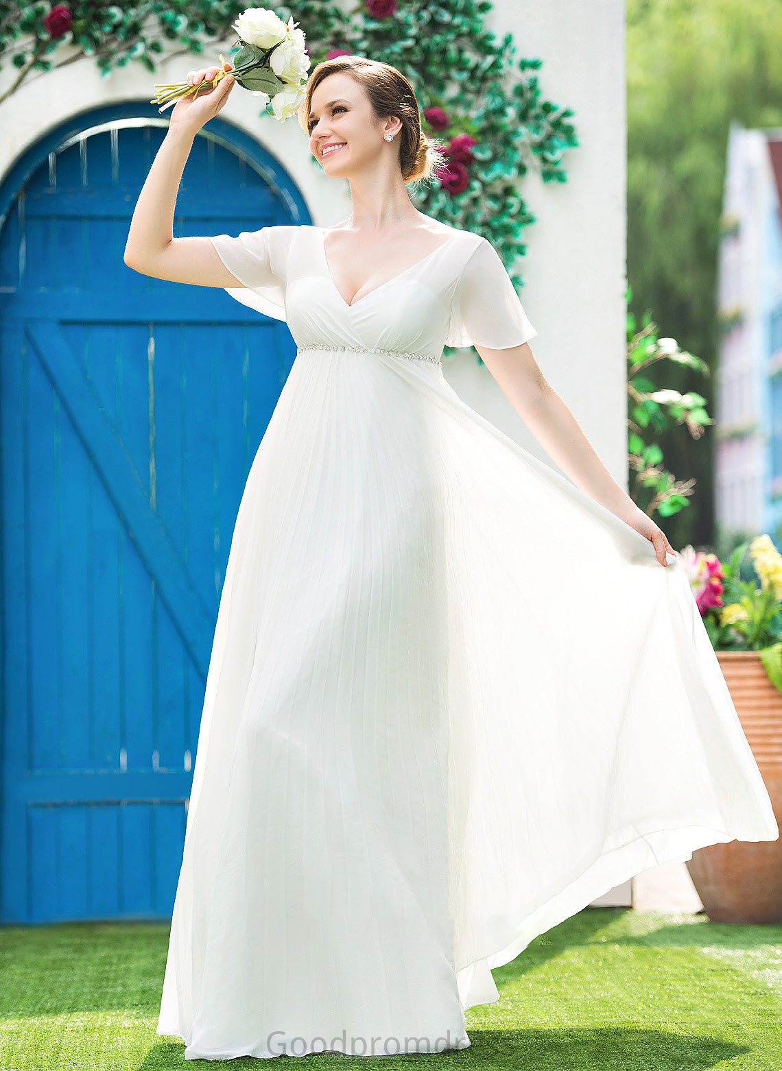 Wedding Dresses Beading Floor-Length Chiffon With Poll V-neck Dress Wedding Empire Pleated