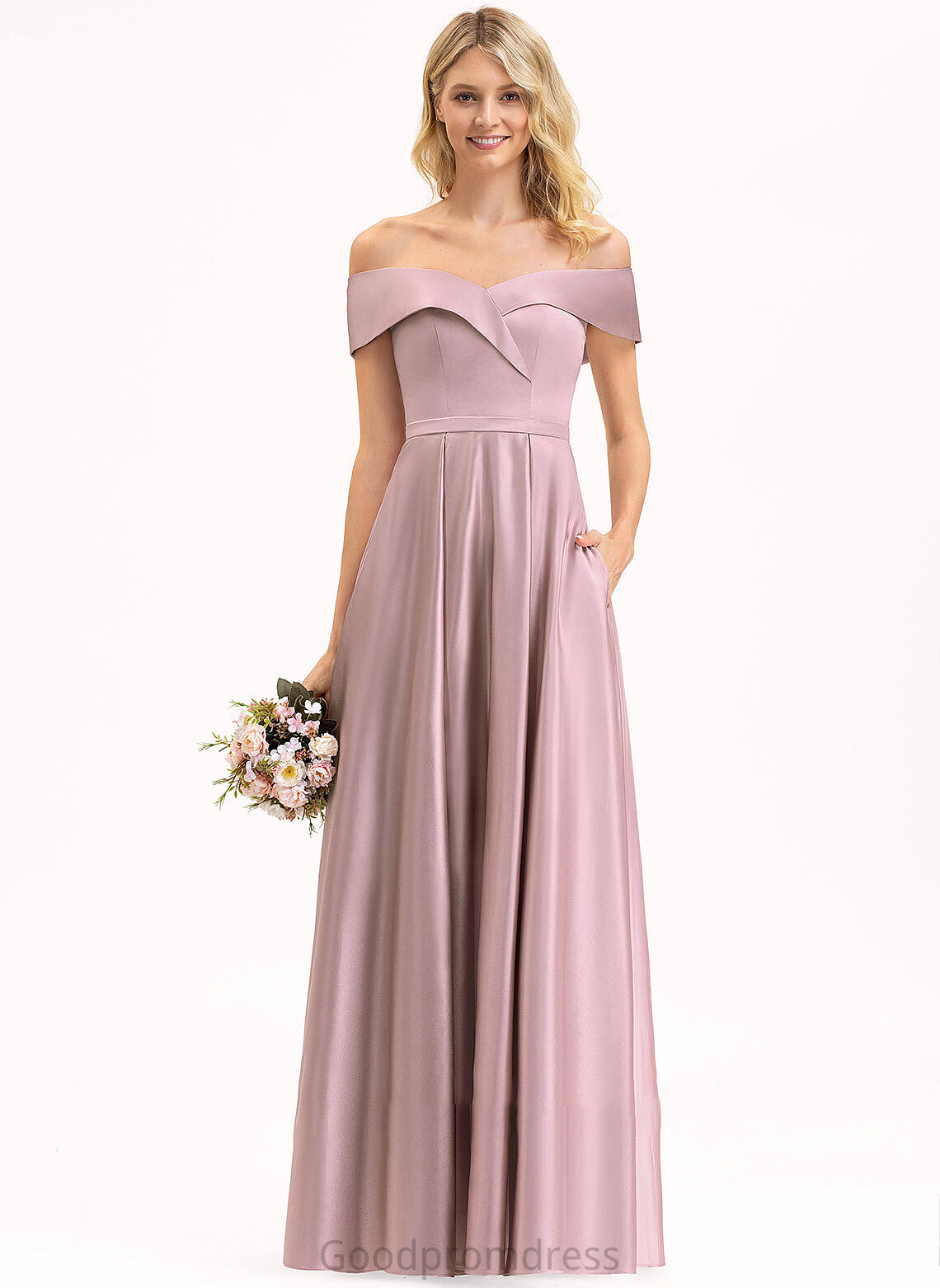 Floor-Length Embellishment Neckline Length Silhouette Off-the-Shoulder Fabric A-Line Pockets Dulce A-Line/Princess Sleeveless Bridesmaid Dresses