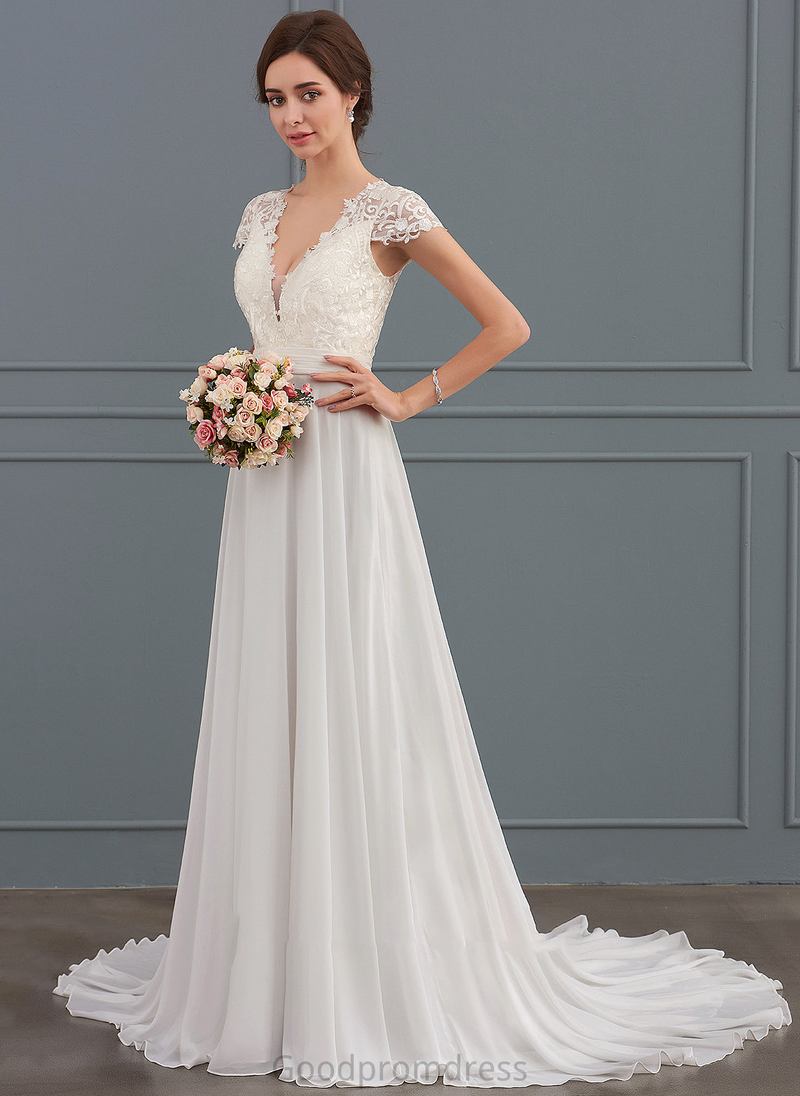 With Sweep V-neck Wedding Dresses Chiffon A-Line Dress Wedding Ruffle Yasmine Train