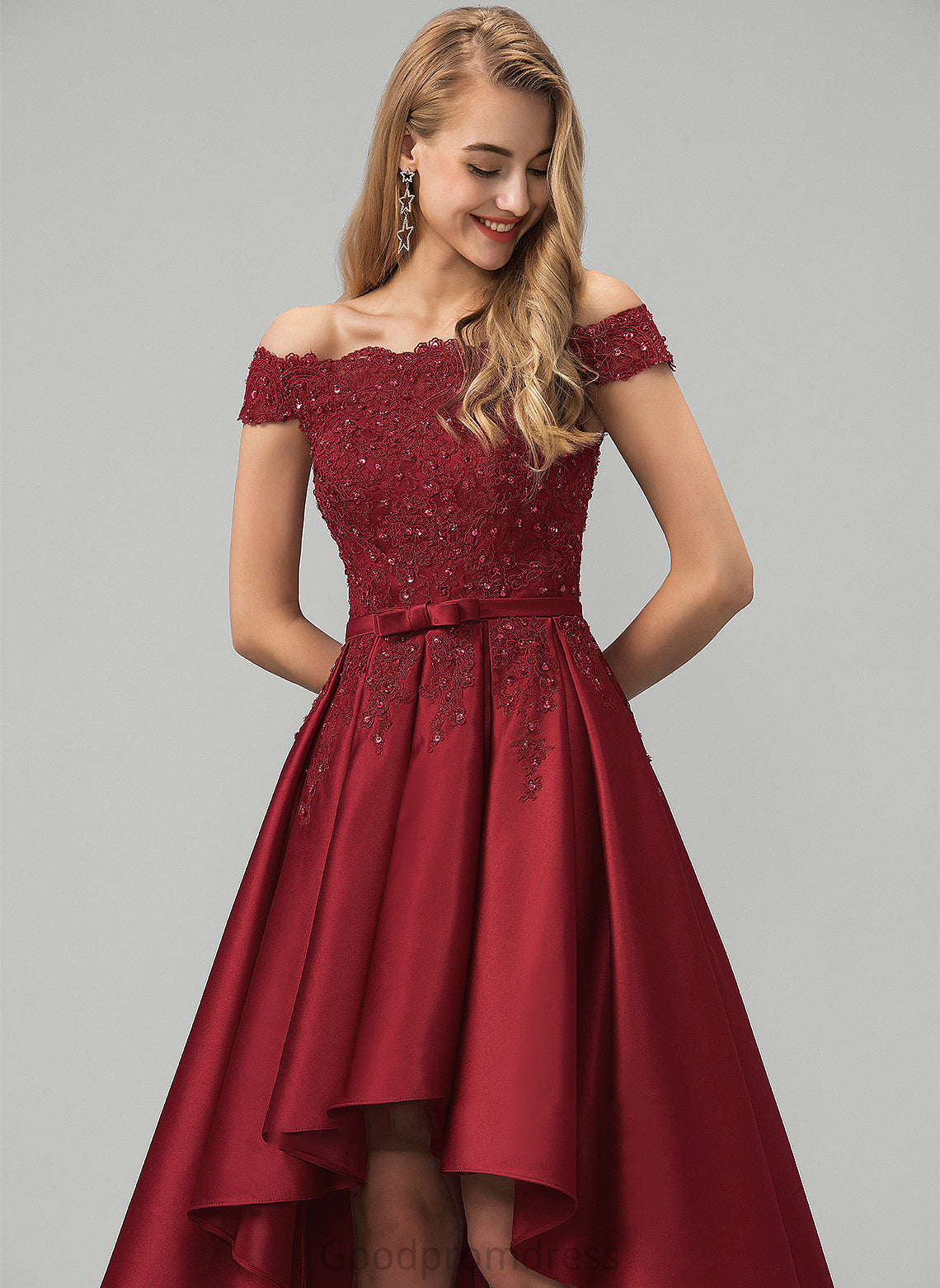 Beading Sequins Prom Dresses Off-the-Shoulder Ball-Gown/Princess Asymmetrical Lace Bow(s) Satin Mariyah With
