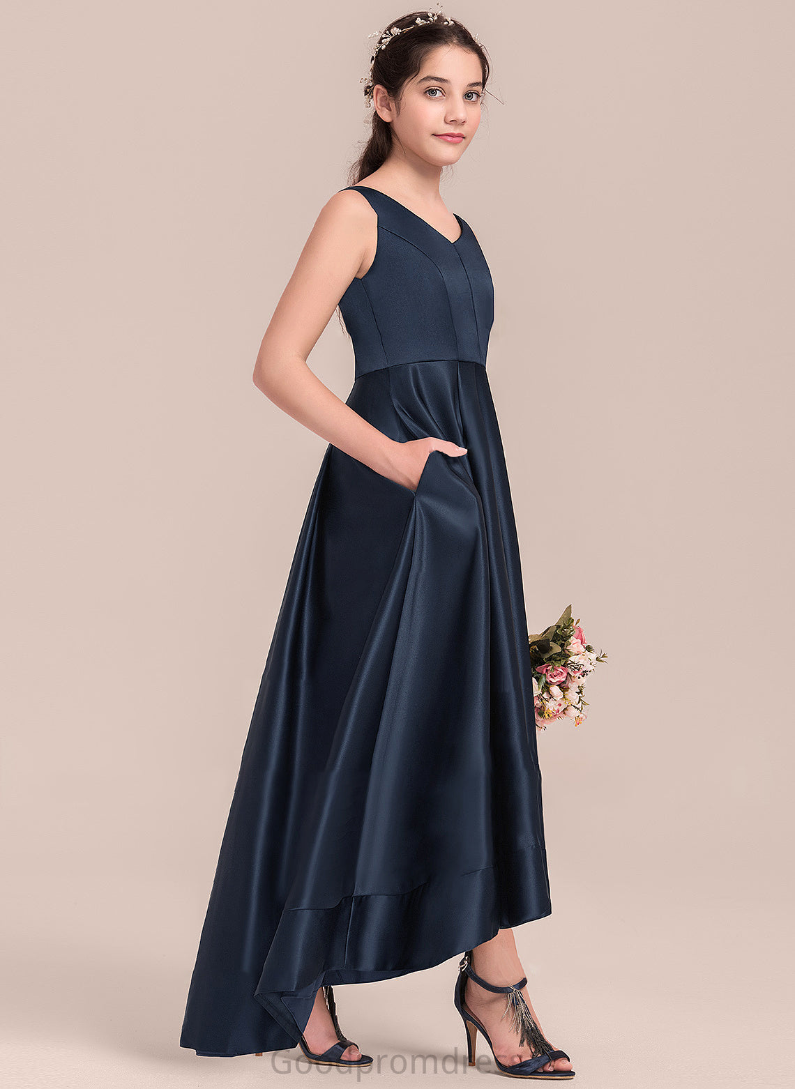Satin A-Line Asymmetrical June V-neck Junior Bridesmaid Dresses