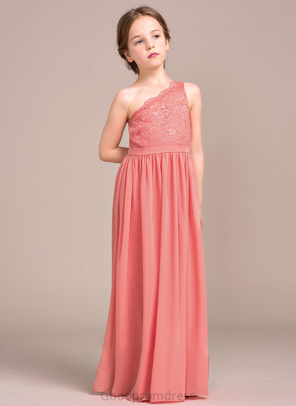 Jaslyn Chiffon Floor-Length A-Line Junior Bridesmaid Dresses One-Shoulder Lace