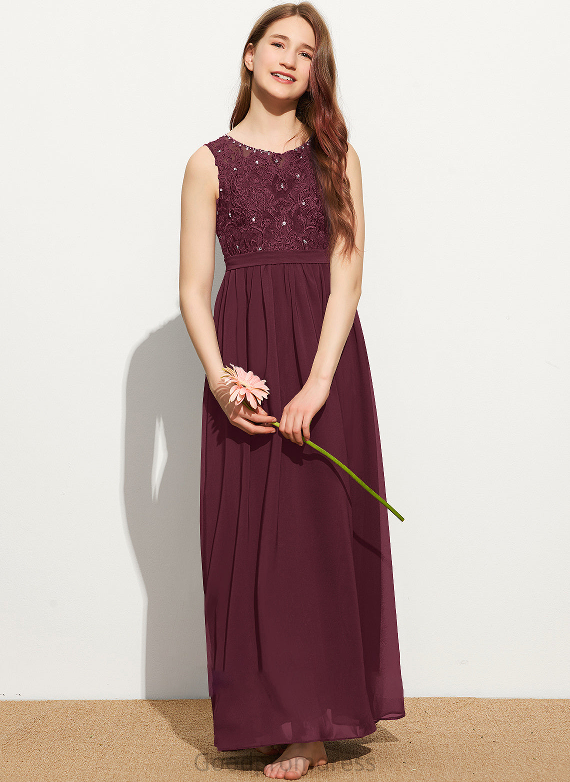 Marianna Lace Floor-Length Neck Beading Chiffon Scoop With Sequins Junior Bridesmaid Dresses A-Line