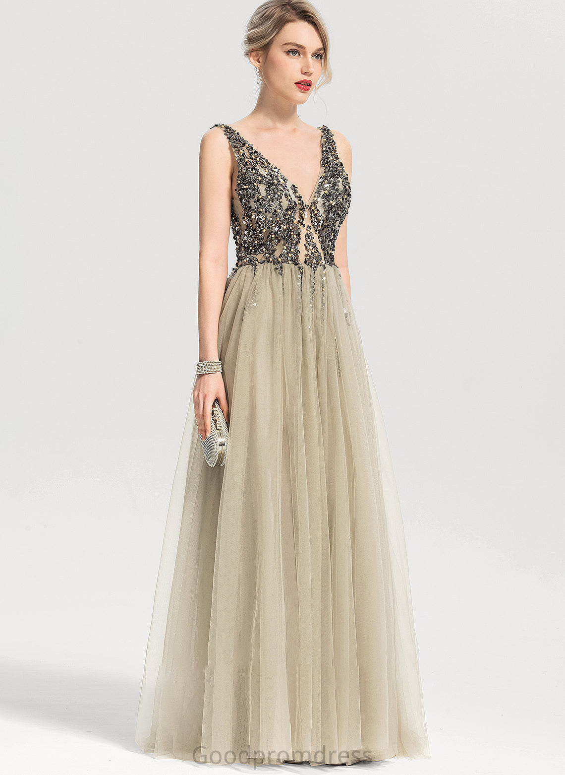 Floor-Length V-neck Prom Dresses A-Line With Xiomara Beading Tulle Front Sequins Split