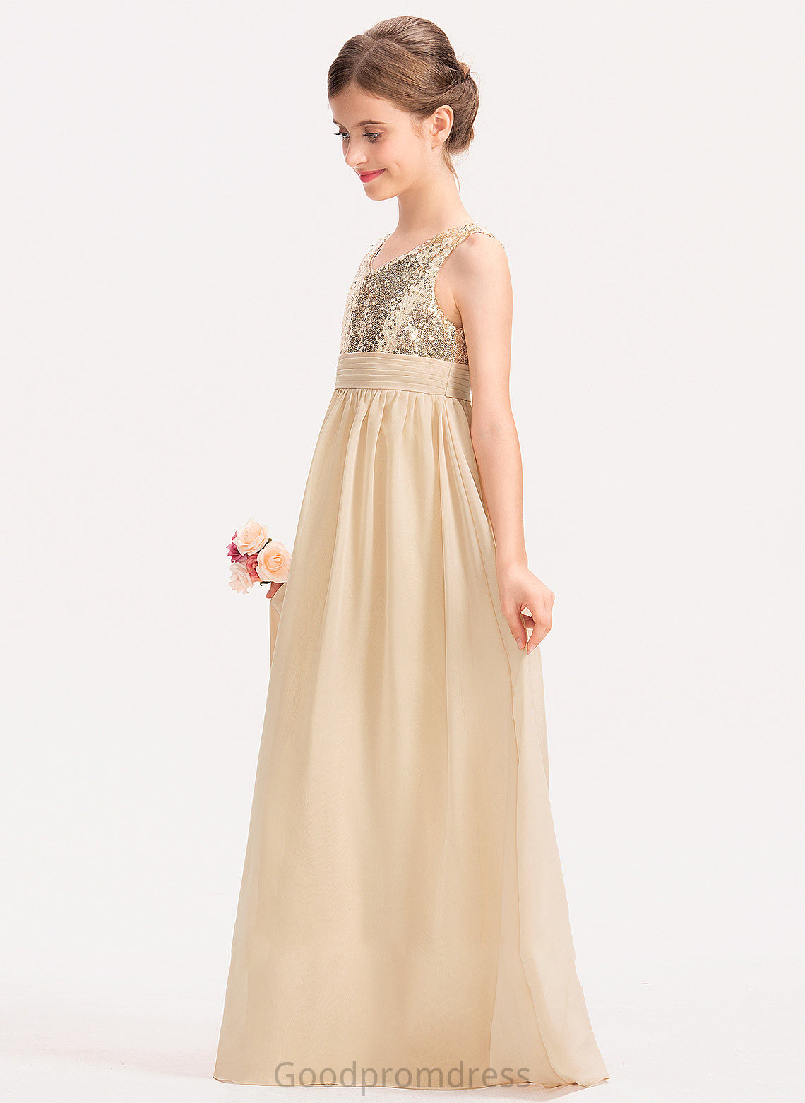 Sequined Ruffle Nell Junior Bridesmaid Dresses A-Line With Chiffon V-neck Floor-Length