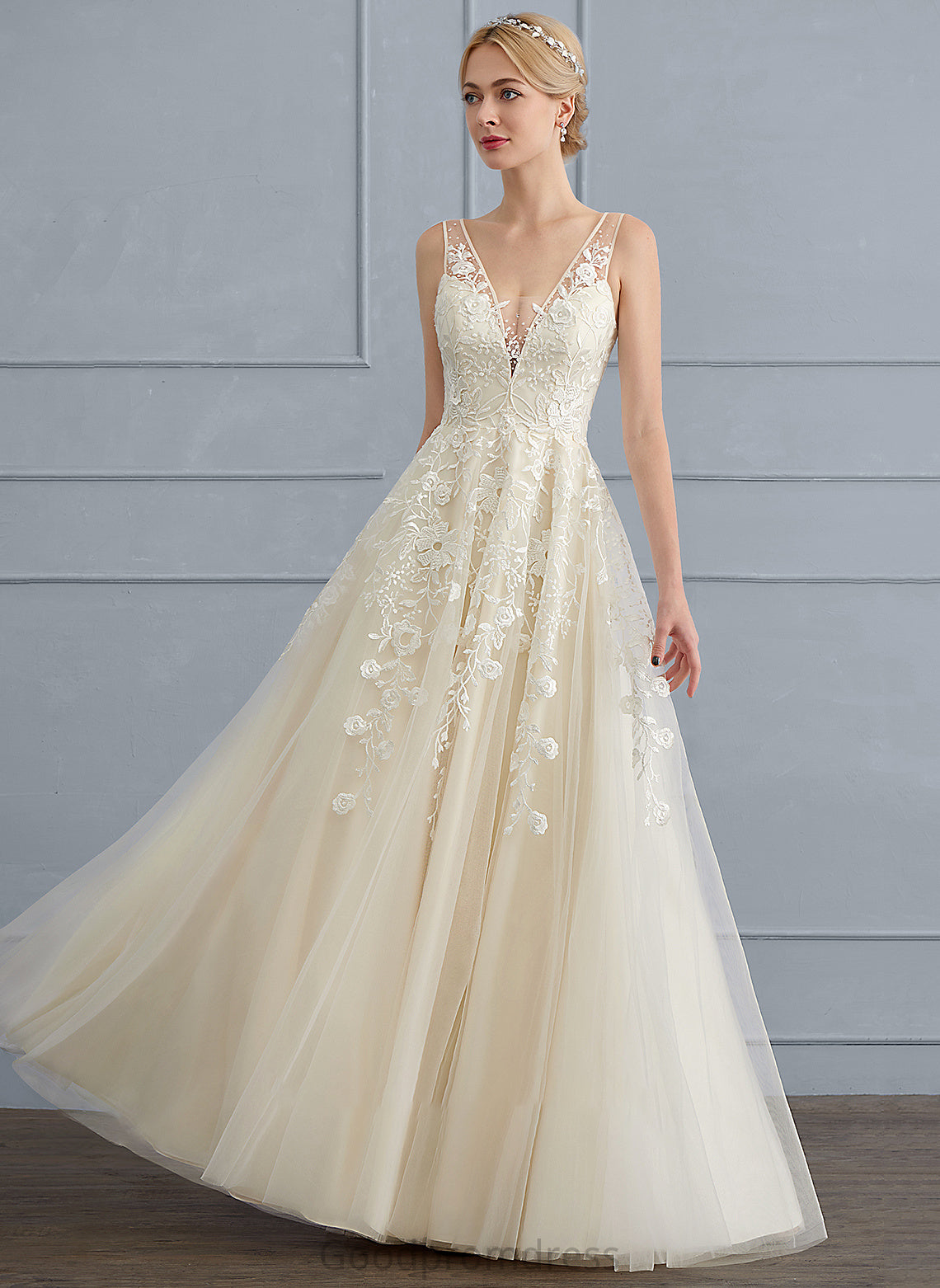 Wedding Dresses Floor-Length Isla Sequins With V-neck Dress Beading Tulle Wedding A-Line