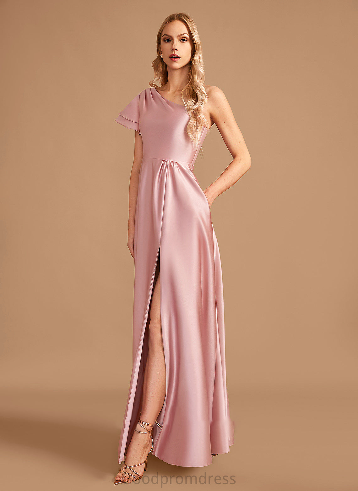 Neckline Fabric Floor-Length Embellishment Silhouette SplitFront Length One-Shoulder A-Line Catalina Floor Length Sleeveless Bridesmaid Dresses