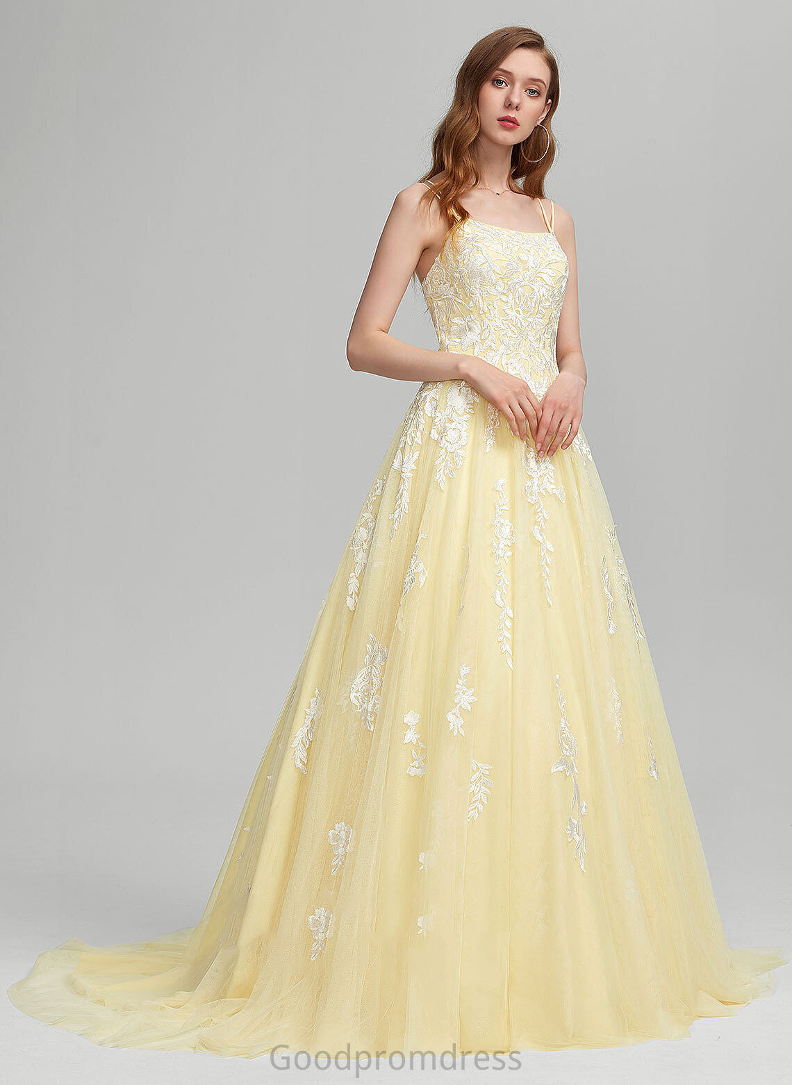 Ball-Gown/Princess Square Sweep Neckline Prom Dresses Madyson Train Tulle