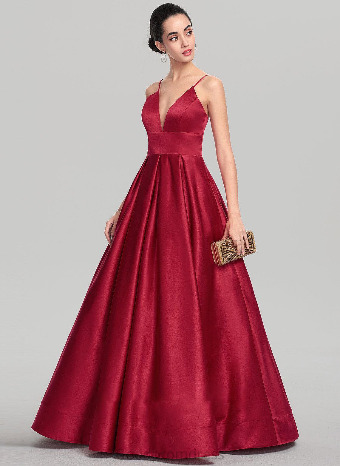 Ball-Gown/Princess Reyna V-neck Prom Dresses Floor-Length Satin