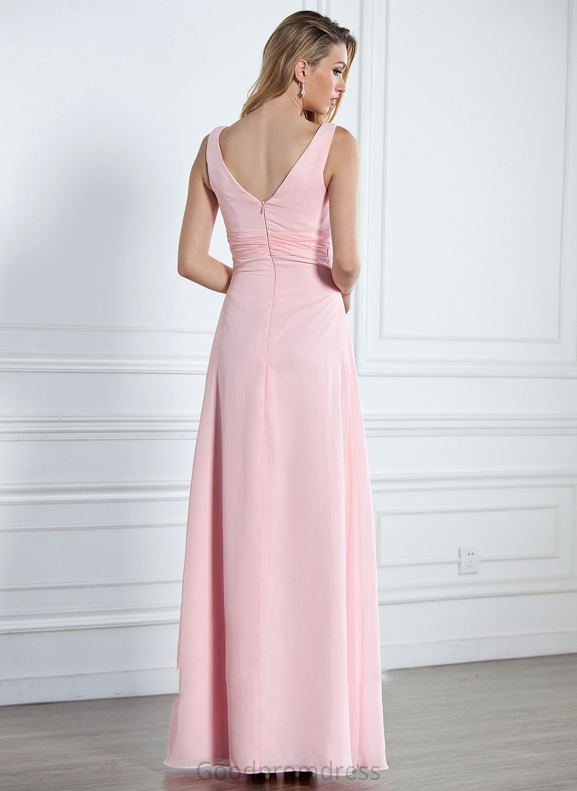Fabric Silhouette Floor-Length Embellishment V-neck Ruffle Neckline Empire Length Natalie A-Line/Princess Sleeveless Bridesmaid Dresses