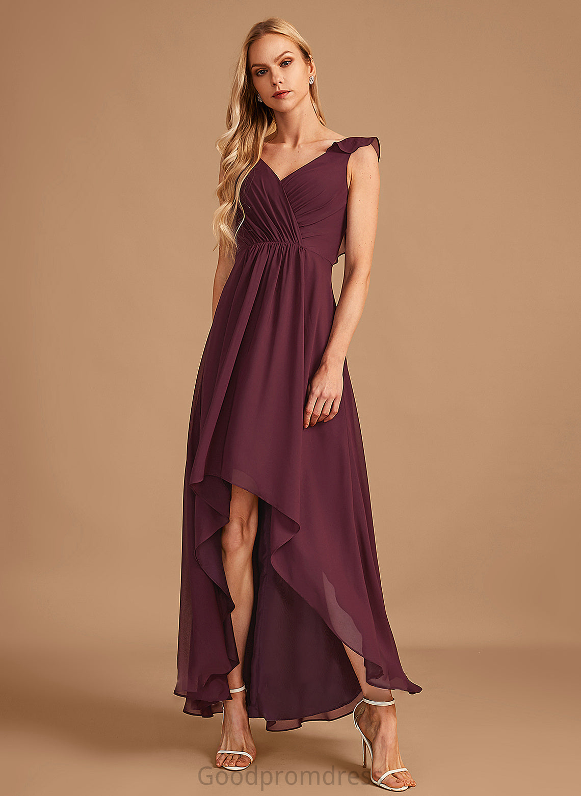 Fabric Silhouette Neckline Embellishment A-Line Length Ruffle V-neck Asymmetrical Kaleigh Sleeveless A-Line/Princess Bridesmaid Dresses