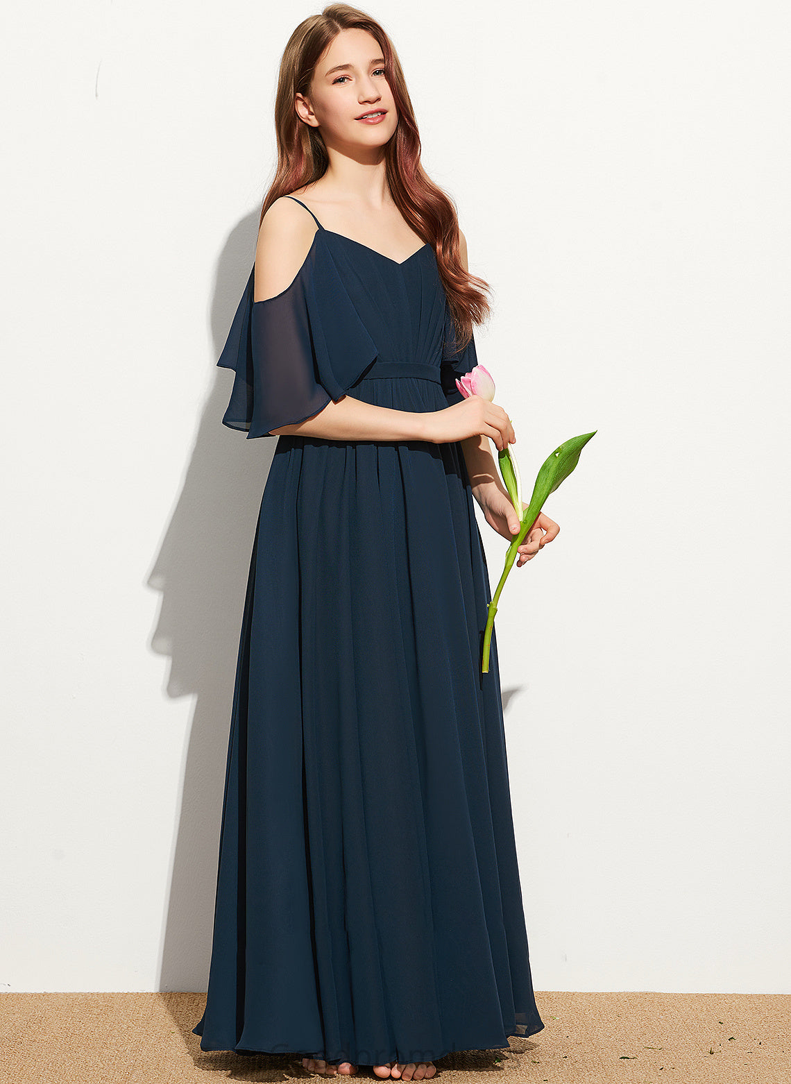 Chiffon Off-the-Shoulder Andrea A-Line Ruffle Junior Bridesmaid Dresses With Floor-Length