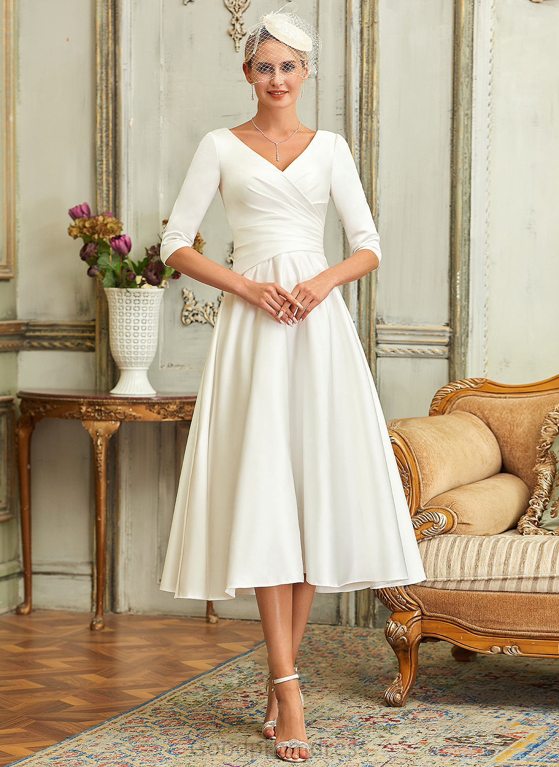 Wedding A-Line Tea-Length Satin Wedding Dresses Dress Rose V-neck