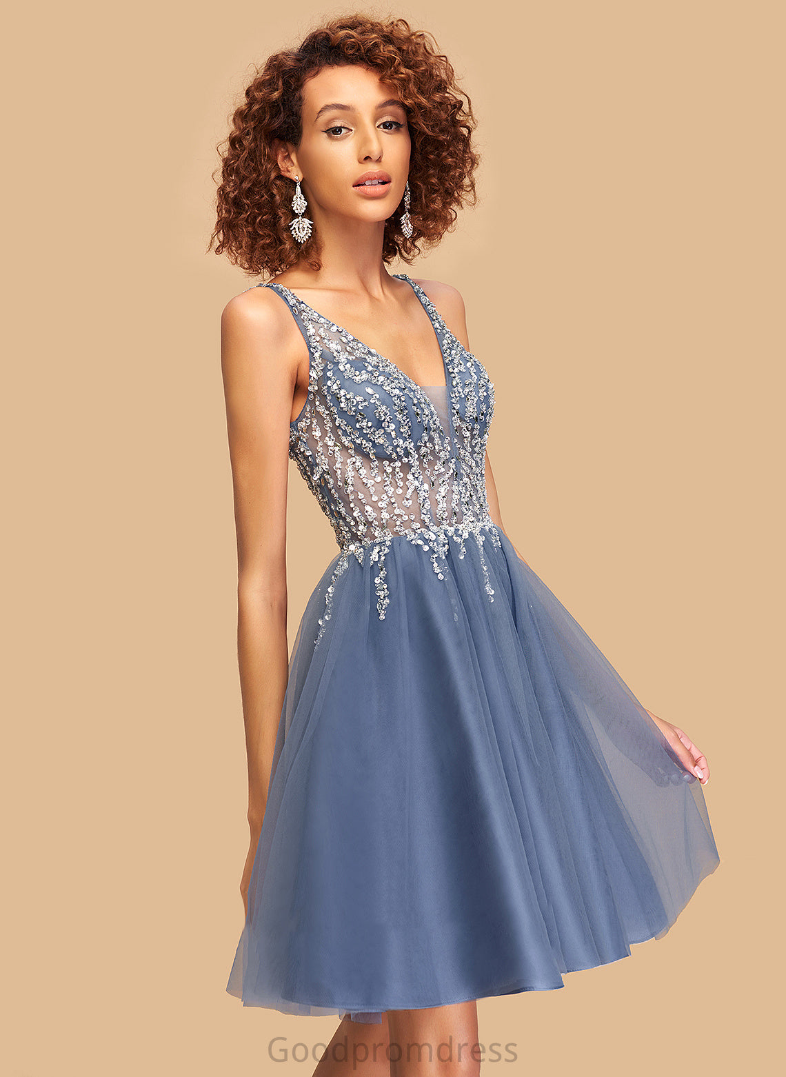 A-Line Sequins Homecoming Dresses V-neck With Beading Short/Mini Charlotte Dress Homecoming Tulle
