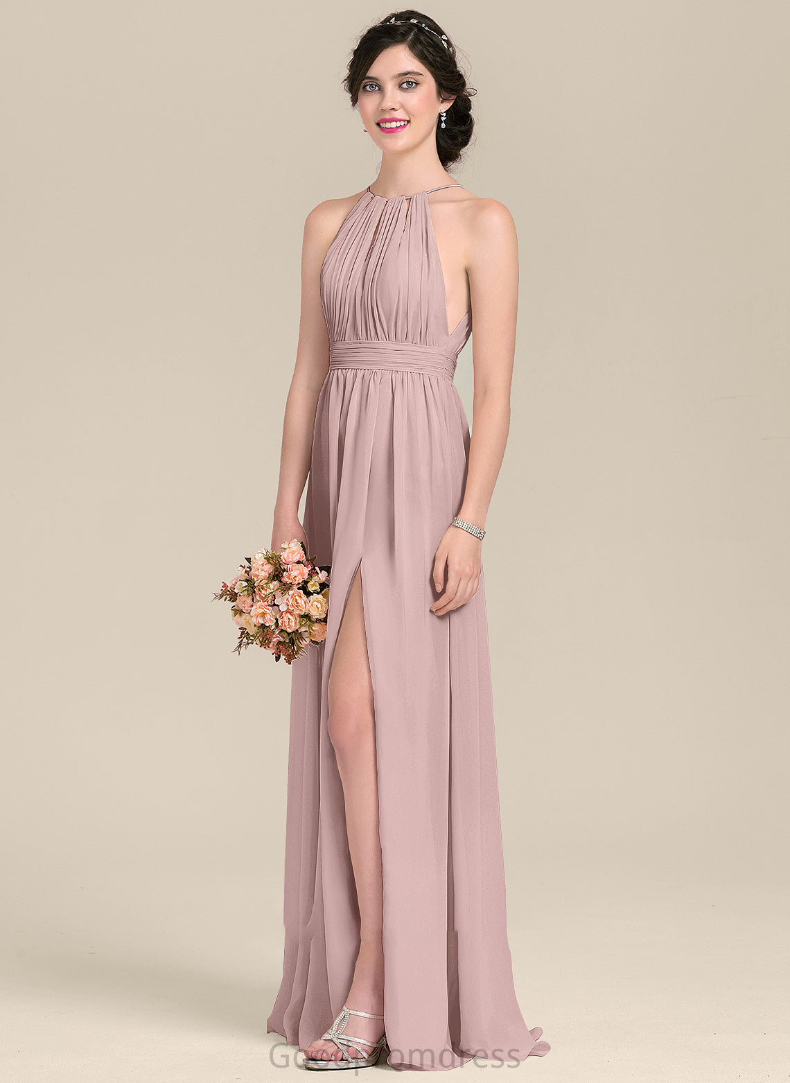 A-Line Neckline Bow(s) Fabric Floor-Length Silhouette SplitFront Embellishment Ruffle ScoopNeck Length Shayna Bridesmaid Dresses