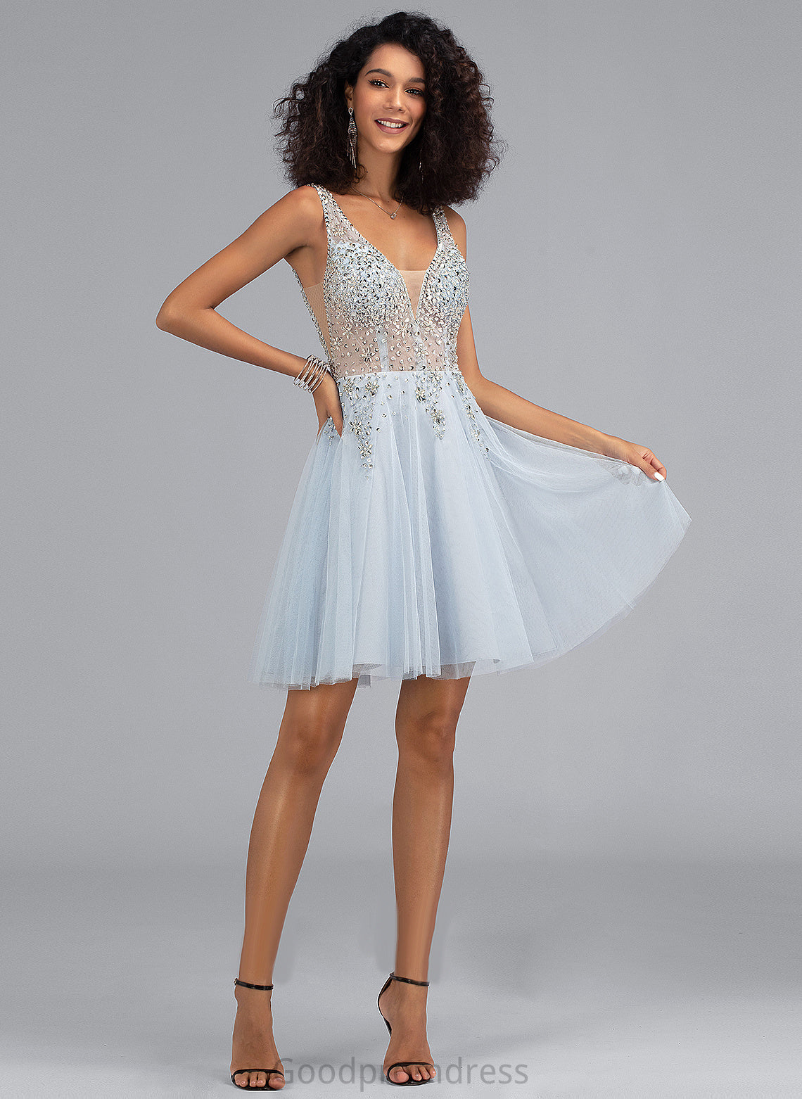 Beading Sequins With Tulle Dress A-Line Short/Mini Homecoming Dresses Homecoming Allisson V-neck