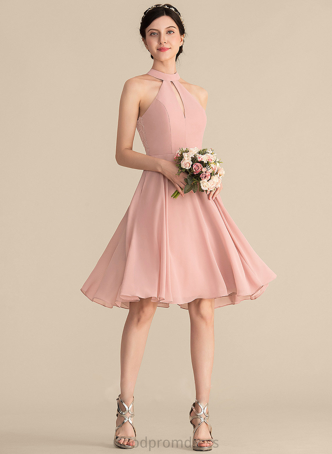 Knee-Length Fabric A-Line Length Silhouette ScoopNeck Embellishment Lace Neckline Pockets Kassandra Halter Bridesmaid Dresses