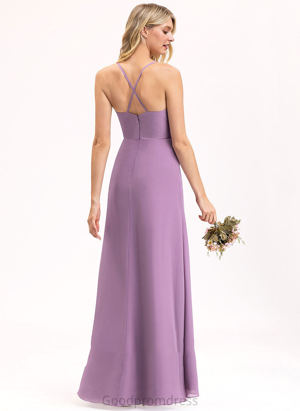 Ruffle A-Line V-neck Neckline SplitFront Length Silhouette Floor-Length Embellishment Fabric Cornelia Half Sleeves Bridesmaid Dresses