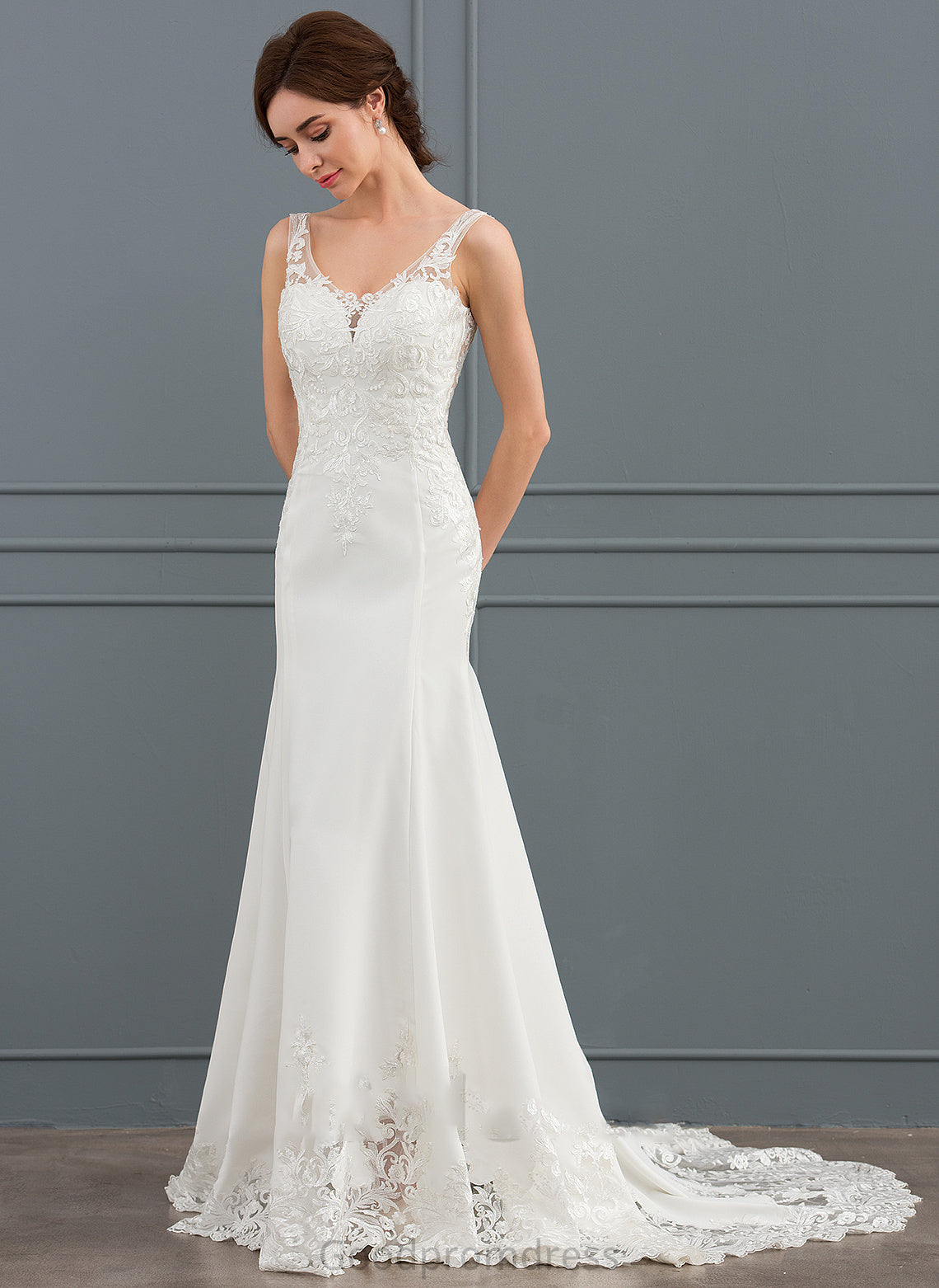 Dress Wedding Dresses V-neck Sequins Chasity Court Crepe Trumpet/Mermaid Stretch Train Wedding Lace With