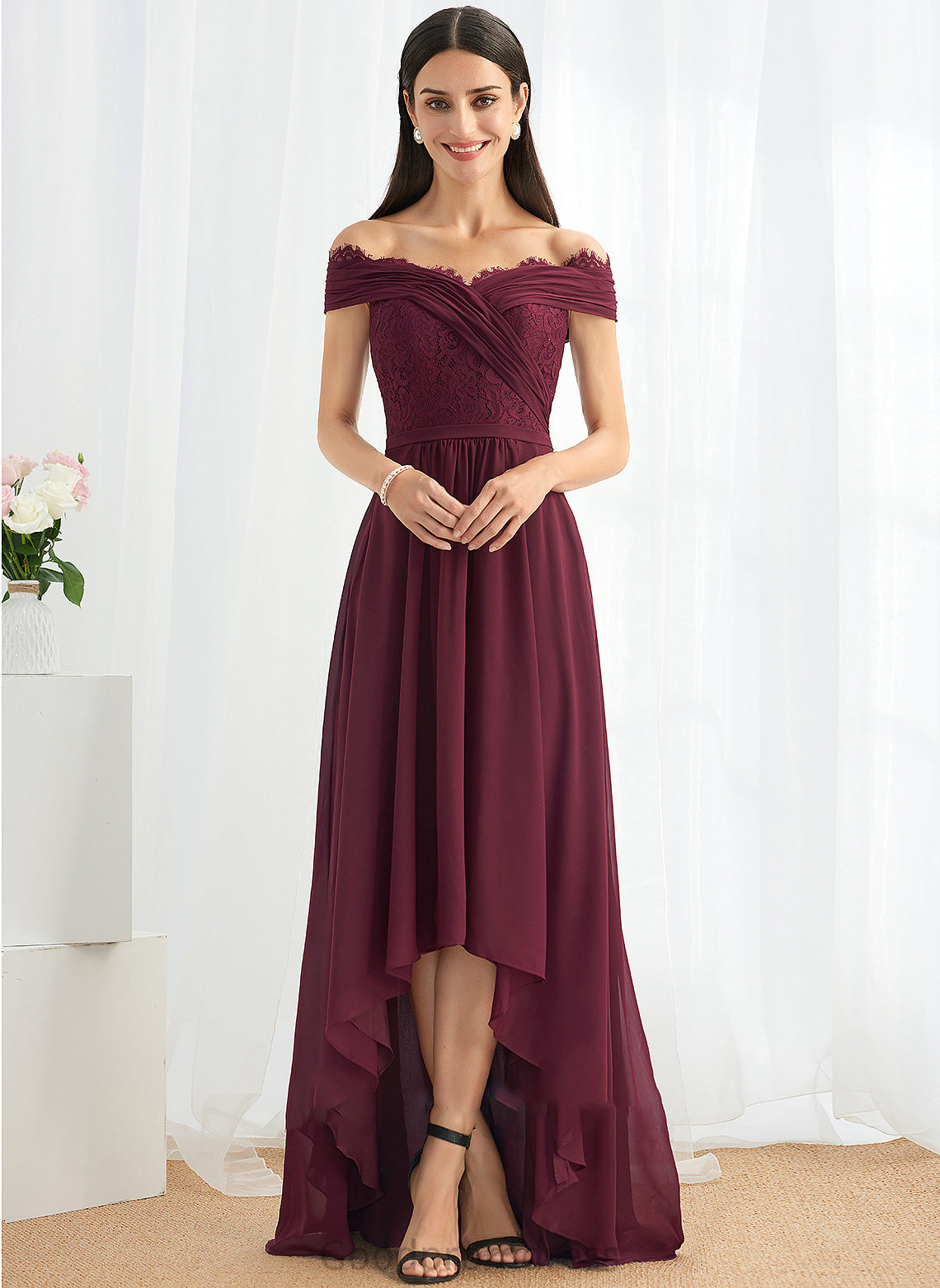 Asymmetrical Fabric Silhouette Off-the-Shoulder Length Neckline Embellishment A-Line Lace Mylee Sleeveless A-Line/Princess Bridesmaid Dresses