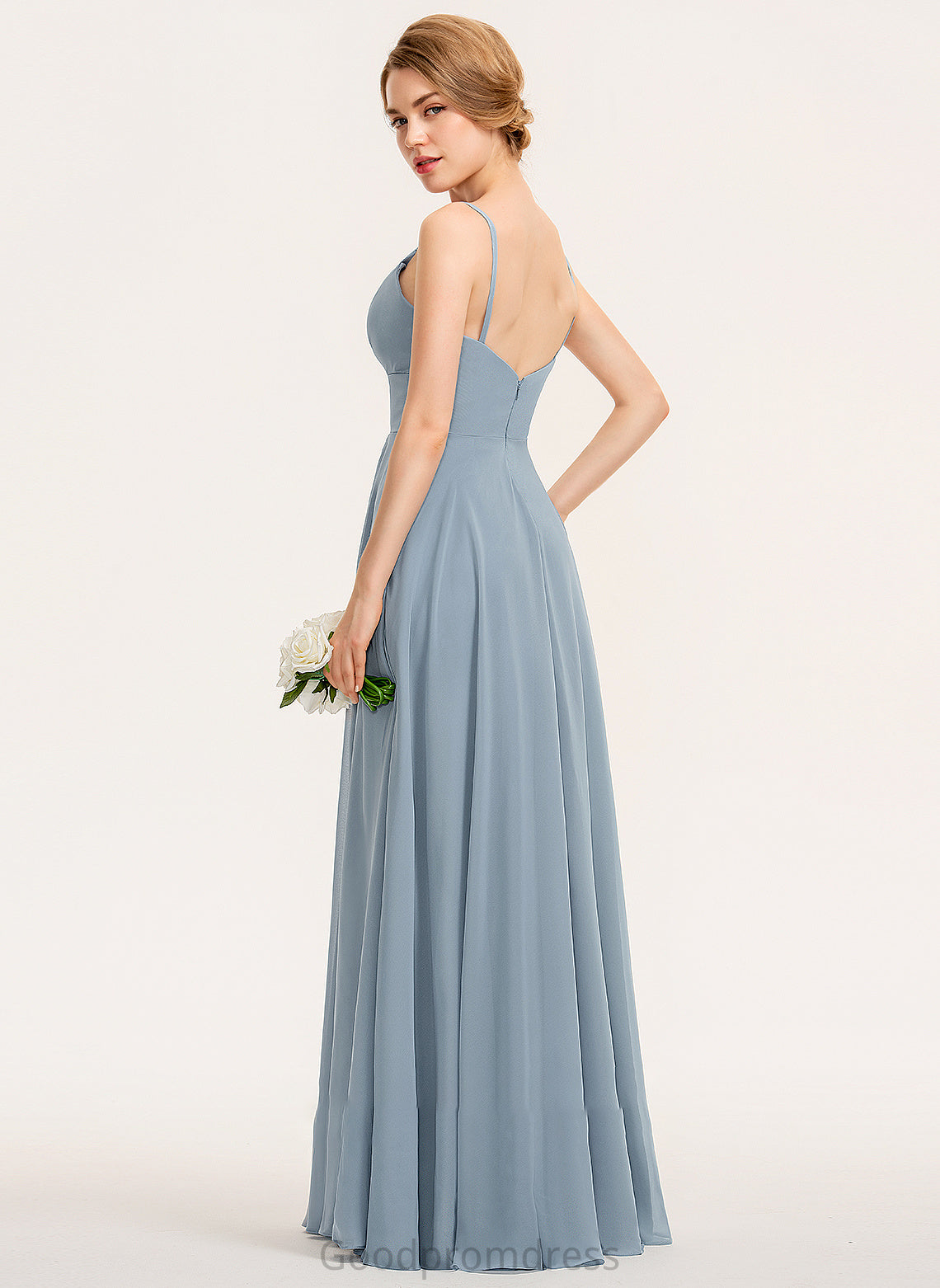 Silhouette A-Line V-neck Floor-Length Fabric Pockets Length Ruffle Neckline Embellishment Miya Straps Bridesmaid Dresses