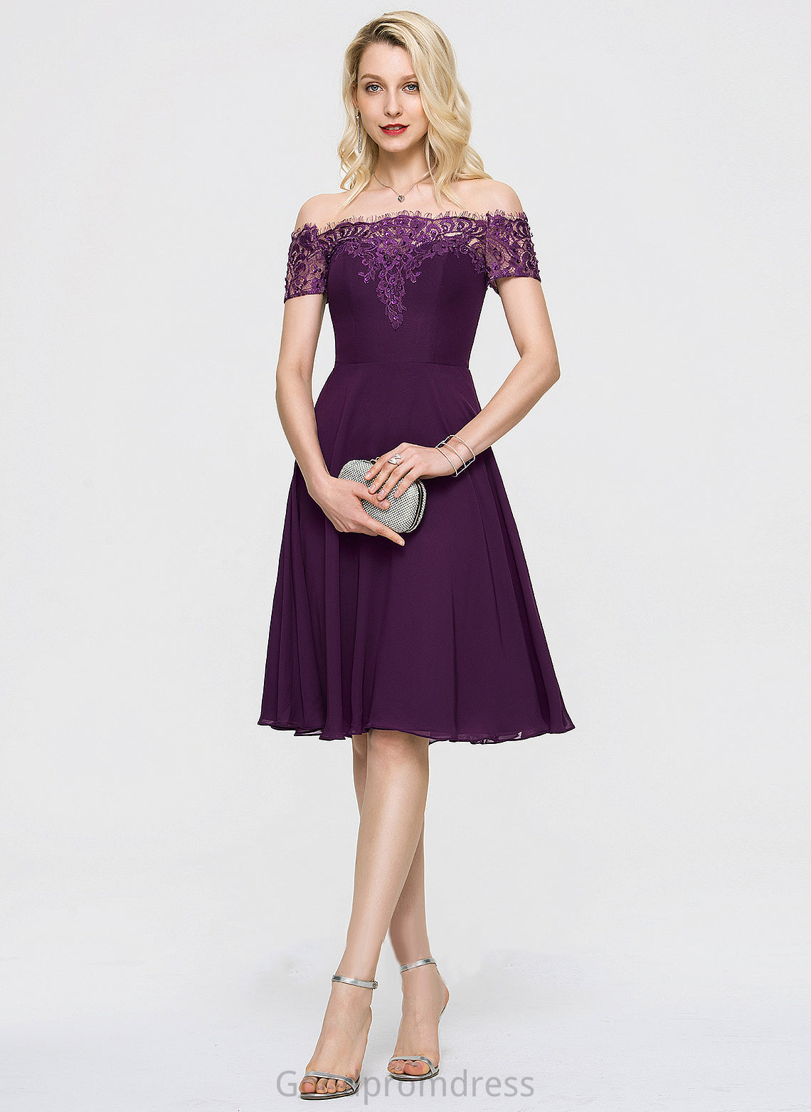Knee-Length Chiffon With Homecoming Dresses Off-the-Shoulder Jode Homecoming Lace Beading Dress A-Line