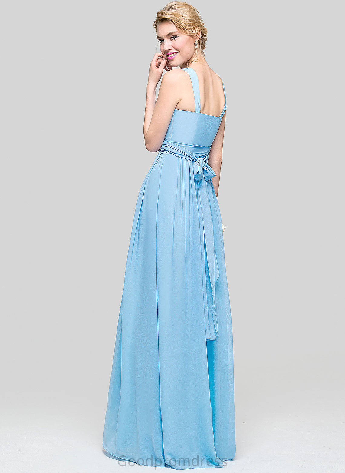 Floor-Length Neckline Length Bow(s) A-Line Fabric V-neck Ruffle Embellishment Silhouette Emily Floor Length Bridesmaid Dresses