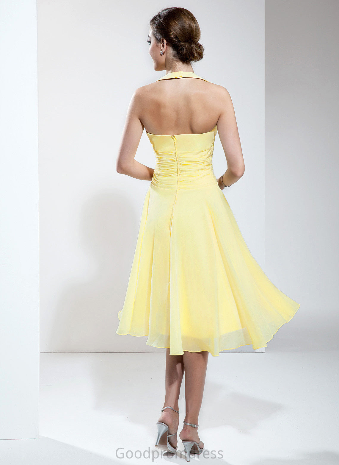 Ruffle Length Halter Fabric Embellishment Silhouette Neckline Knee-Length A-Line Bow(s) Alyson Sleeveless Bridesmaid Dresses