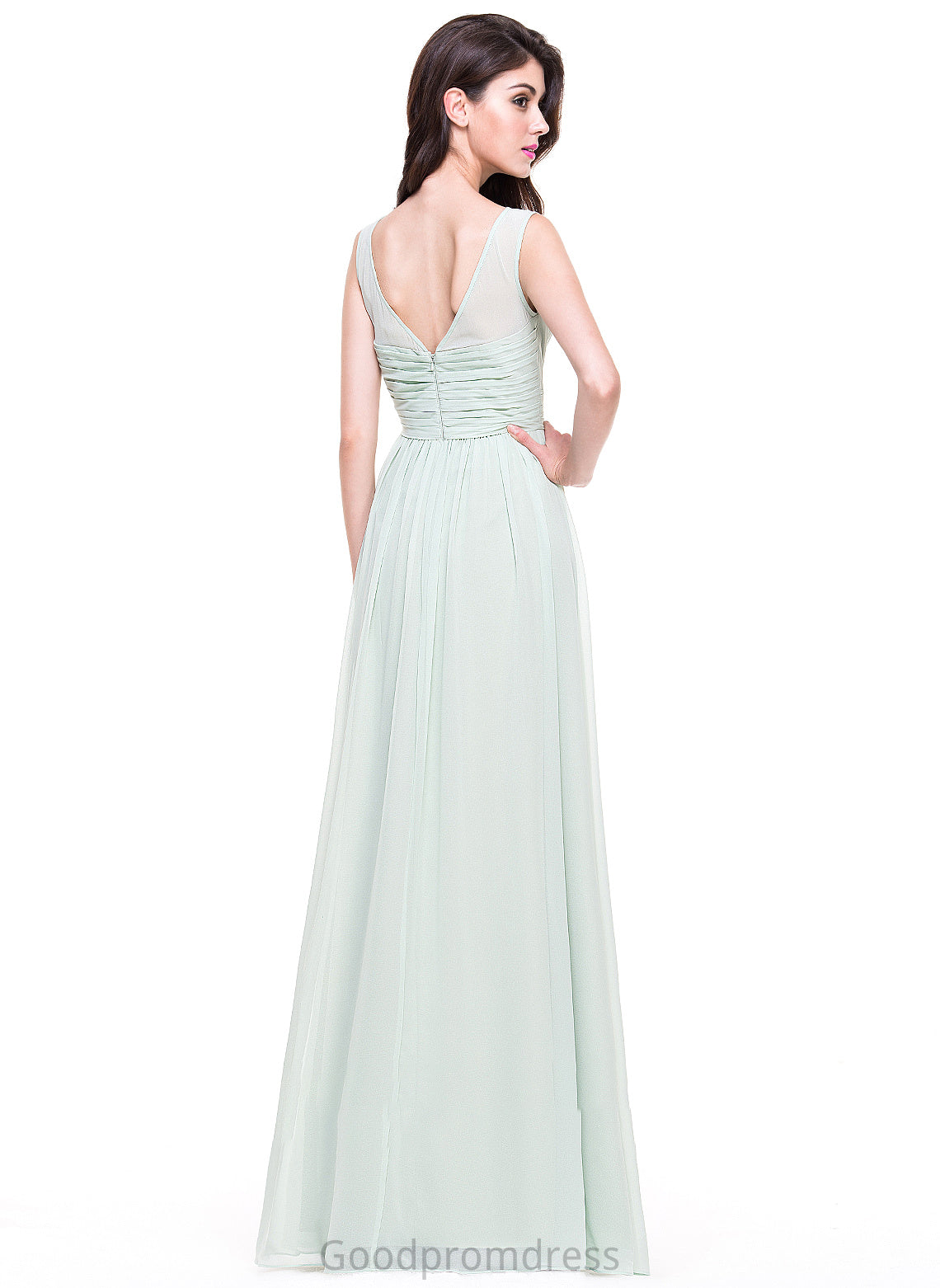 Ruffle Floor-Length Silhouette A-Line Fabric Embellishment Length ScoopNeck Neckline Callie Sleeveless Straps Bridesmaid Dresses