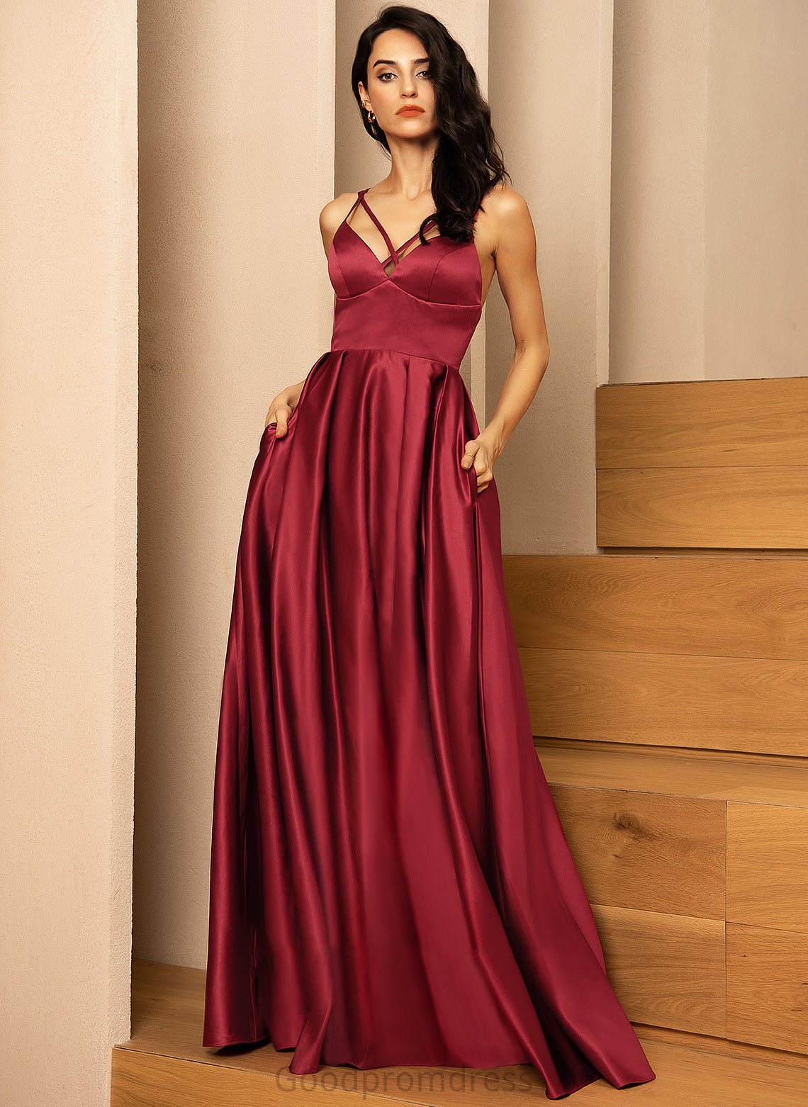 Neckline Length Pockets V-neck A-Line Embellishment Silhouette Floor-Length Fabric SplitFront Maleah V-Neck Bridesmaid Dresses