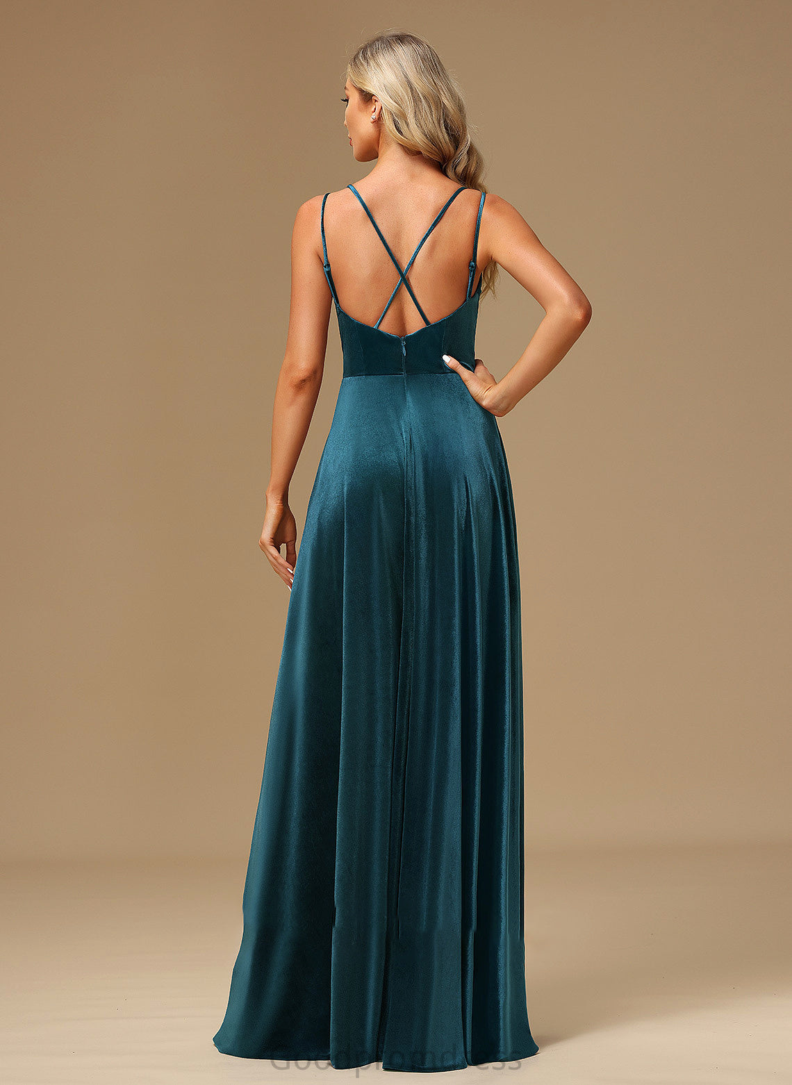 A-Line SplitFront Floor-Length Fabric Silhouette Length Neckline V-neck Embellishment Allison Sleeveless Natural Waist Bridesmaid Dresses