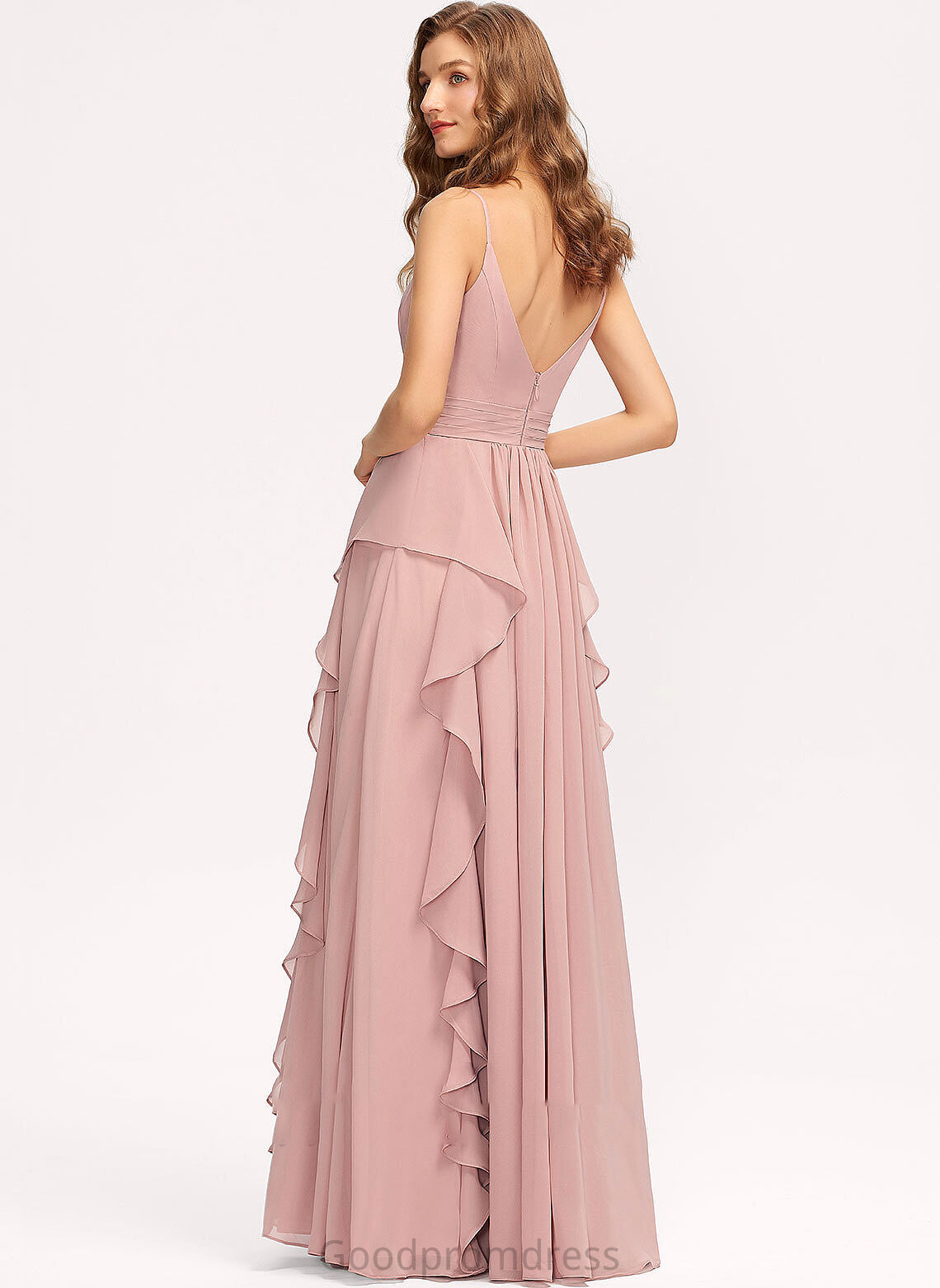 Neckline Embellishment Length Fabric Floor-Length CascadingRuffles A-Line V-neck Ruffle Silhouette Nina A-Line/Princess Bridesmaid Dresses