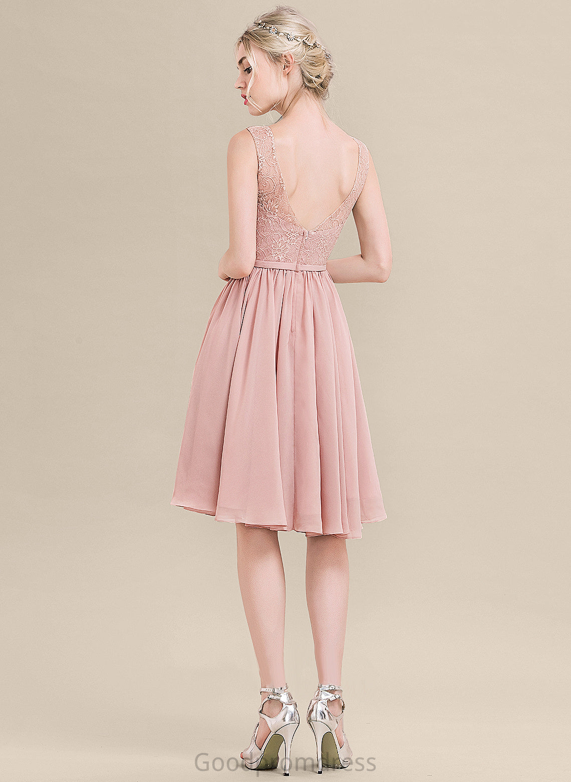 V-neck Knee-Length With A-Line Homecoming Chiffon Bow(s) Homecoming Dresses Lace Dress Lace Amari