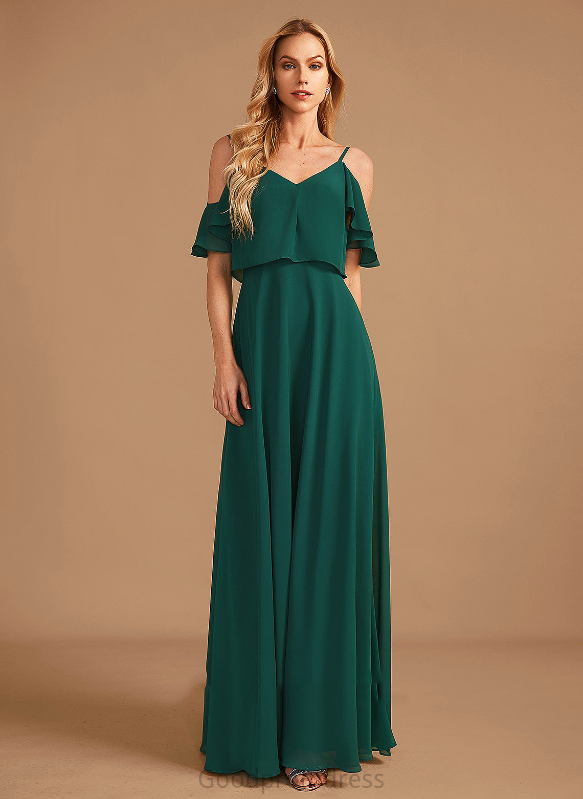 Length Neckline Embellishment Ruffle Floor-Length A-Line Fabric V-neck Silhouette Leslie A-Line/Princess Halter Bridesmaid Dresses
