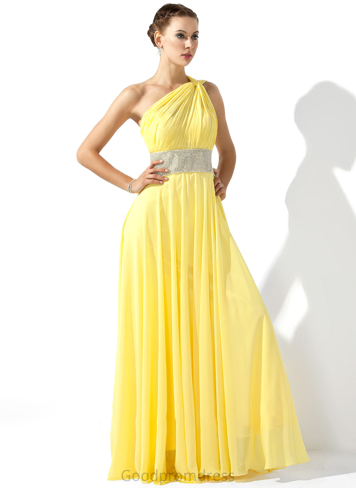 Beading Sanaa Chiffon One-Shoulder With A-Line Prom Dresses Ruffle Floor-Length