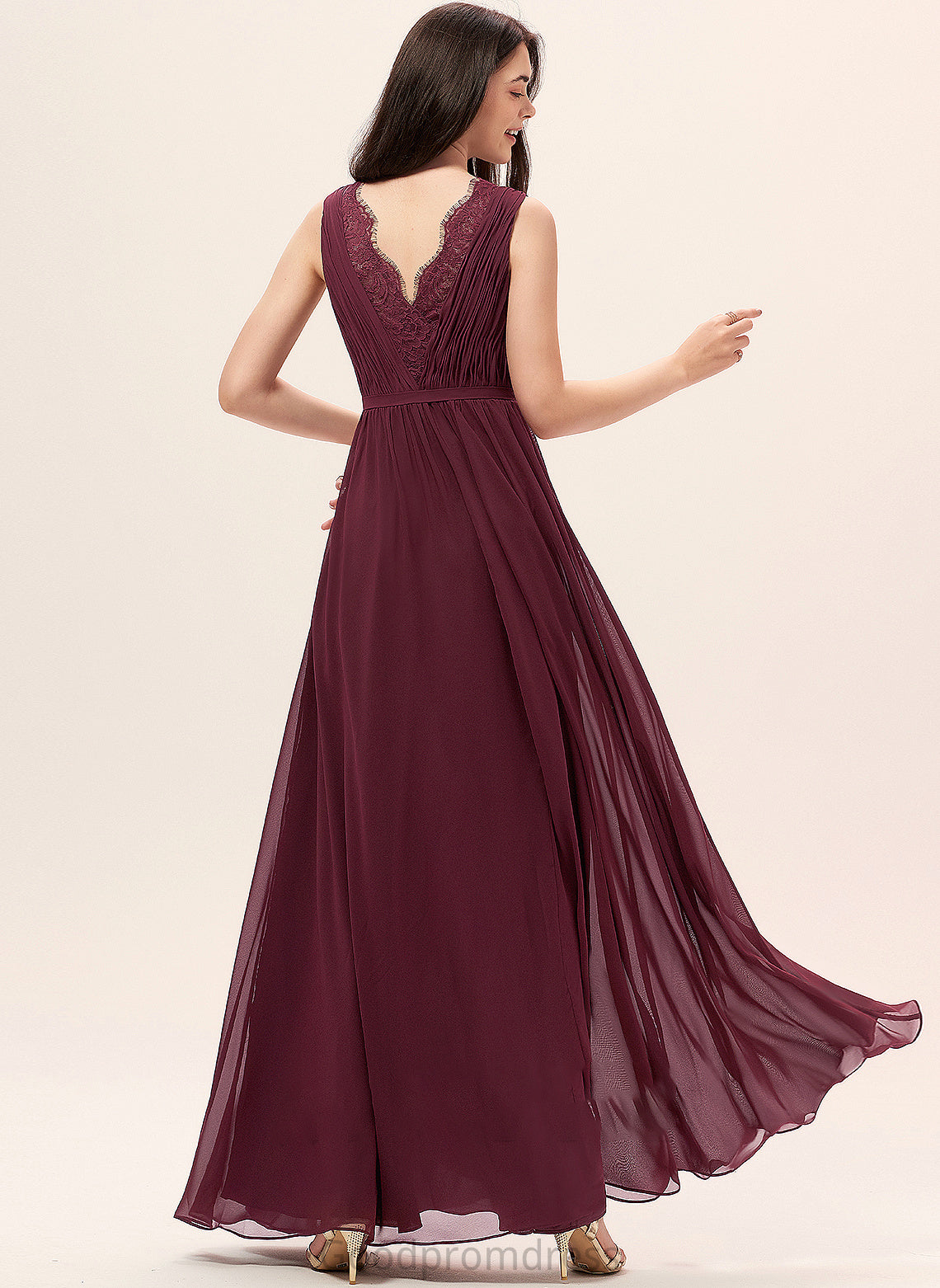 Neckline Embellishment Silhouette Floor-Length Lace Ruffle A-Line V-neck Length Fabric Lillian Sleeveless Bridesmaid Dresses