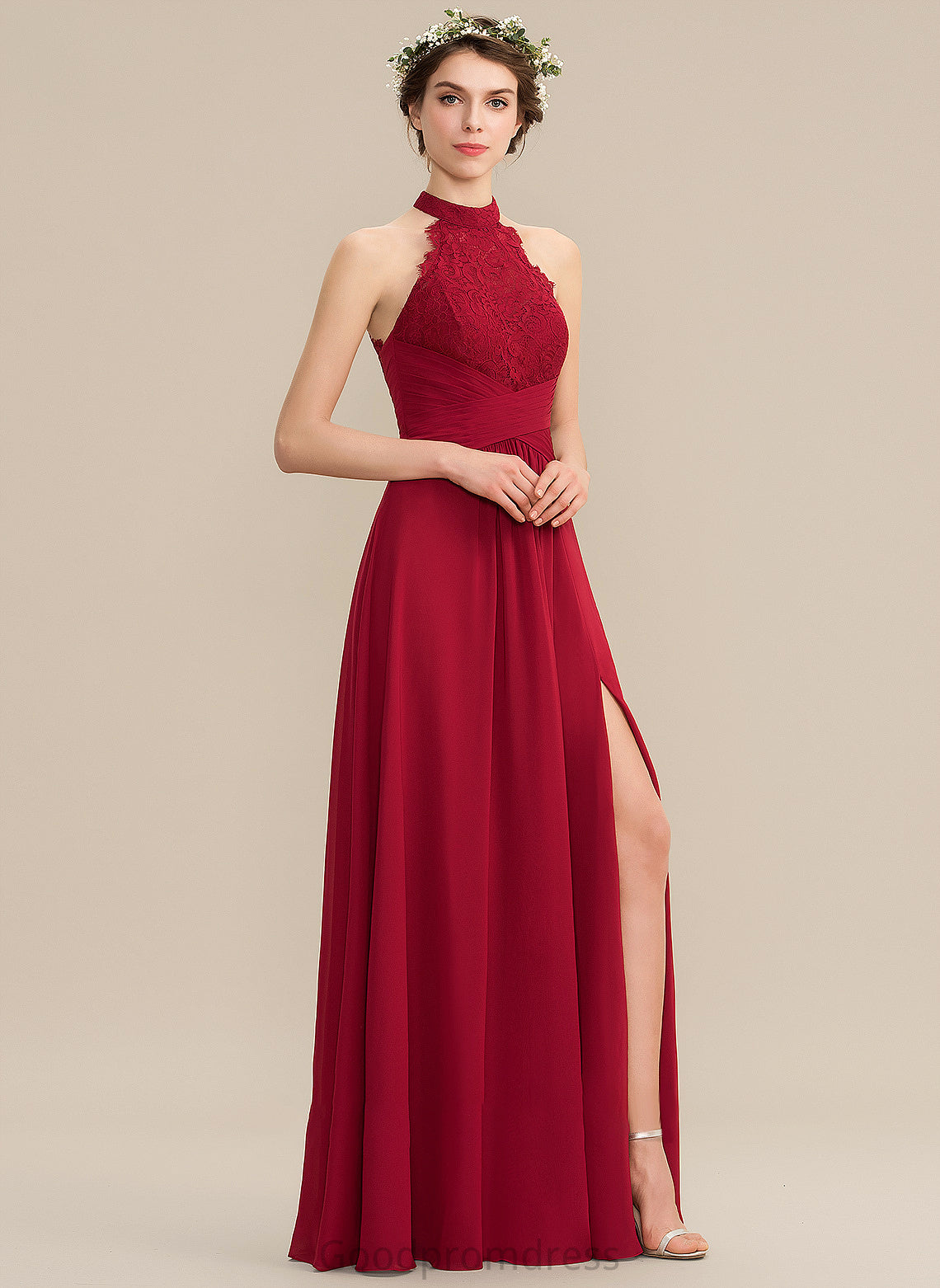 Lace Ruffle High Prom Dresses Front With Split Neck Annika A-Line Floor-Length Chiffon