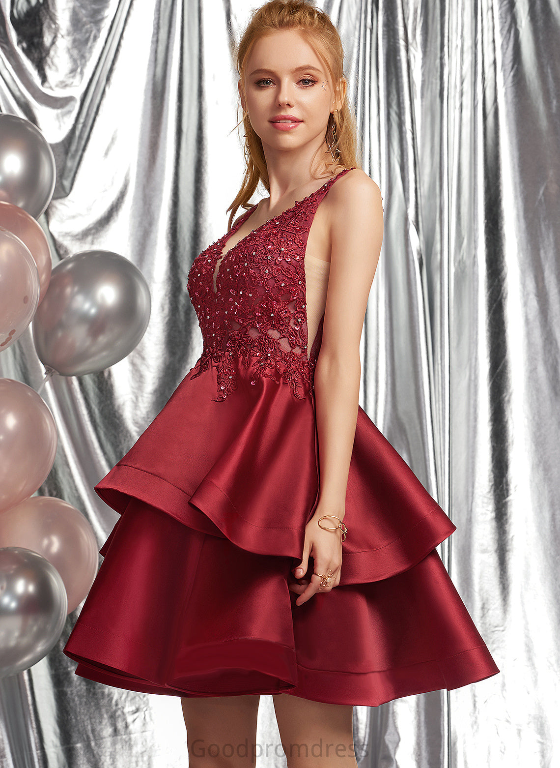 Satin Sequins Homecoming With Dress A-Line Beading V-neck Hailey Homecoming Dresses Short/Mini Lace
