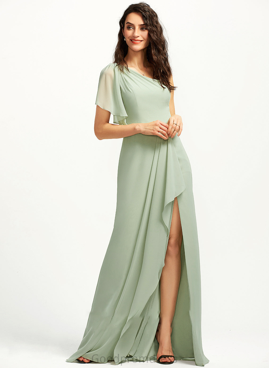 Neckline Embellishment A-Line Floor-Length Ruffle Length Silhouette Fabric One-Shoulder SplitFront Parker Natural Waist Bridesmaid Dresses
