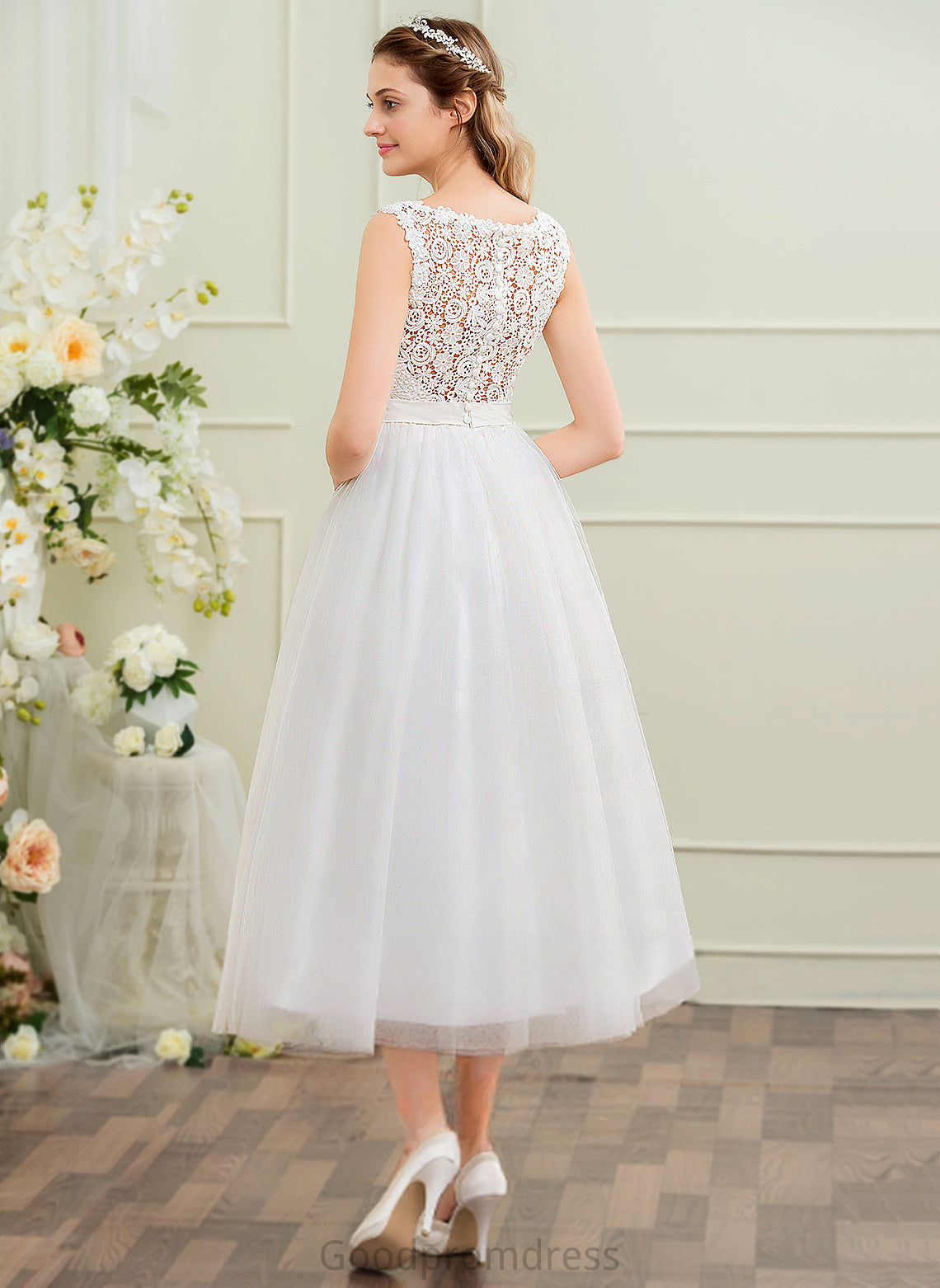 Beading Dress Alexa Tulle Satin With Sequins Wedding Dresses Tea-Length Lace Wedding Ball-Gown/Princess