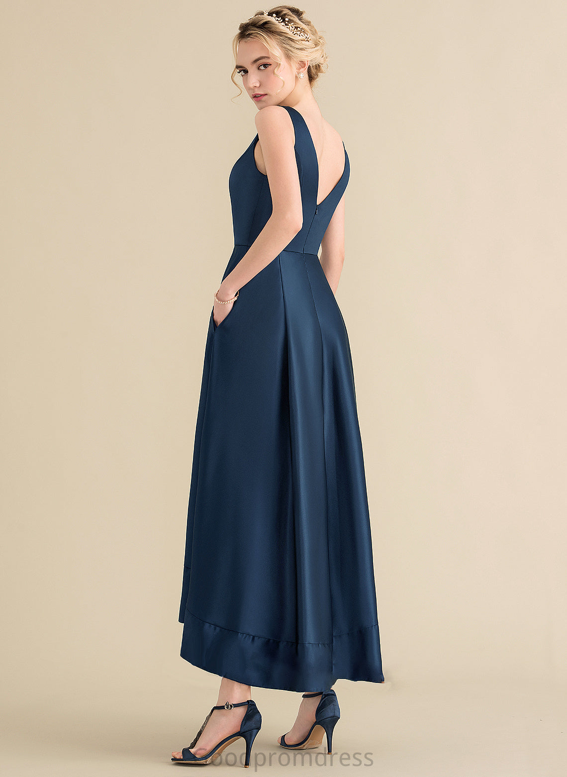 Fabric V-neck Straps Satin Asymmetrical Pockets Embellishment Length Neckline Camilla Floor Length Sleeveless Bridesmaid Dresses