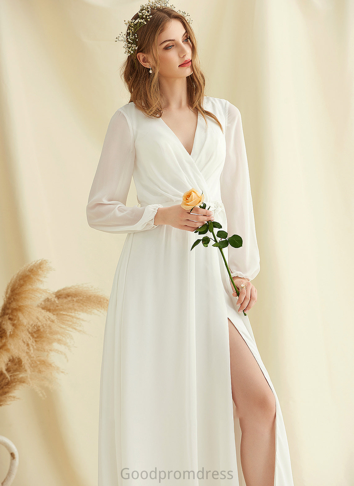A-Line Chiffon Dress V-neck Floor-Length Front With Wedding Dresses Split Janet Wedding