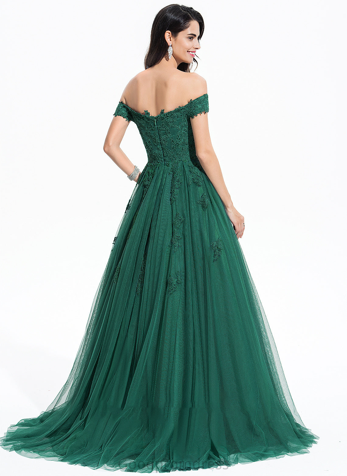Sweep Train Lace With V-neck Elsie Ball-Gown/Princess Prom Dresses Tulle